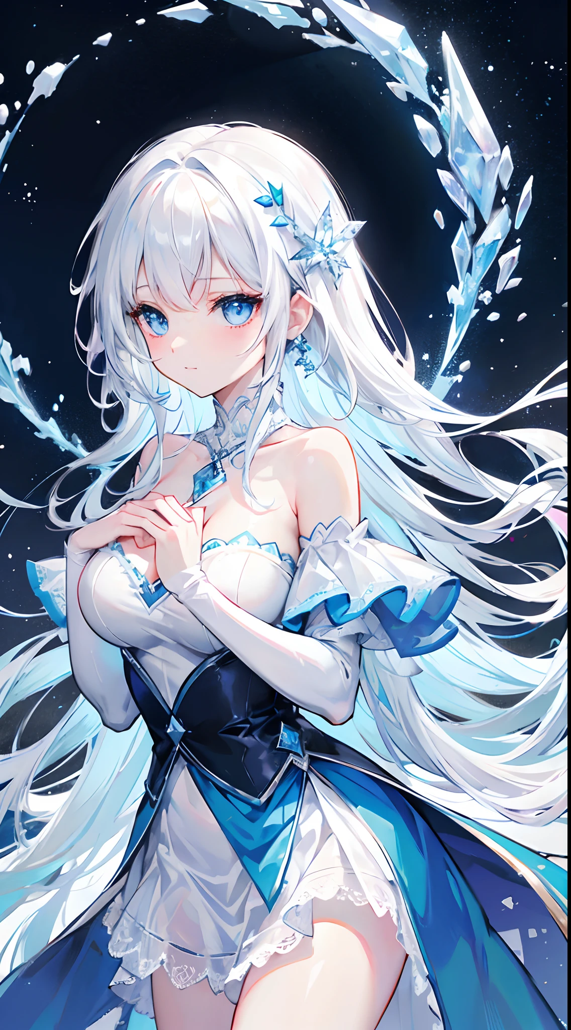 In a dark space illuminated by glowing bubbles and a crescent moon, a luminous cute girl is depicted in profile. Her face is serene, and she emits a soft light that contrasts beautifully with the surrounding darkness. She has ice crystal-patterned tattoos that glow with light blue neon on her skin, adding a mystical aura to her appearance