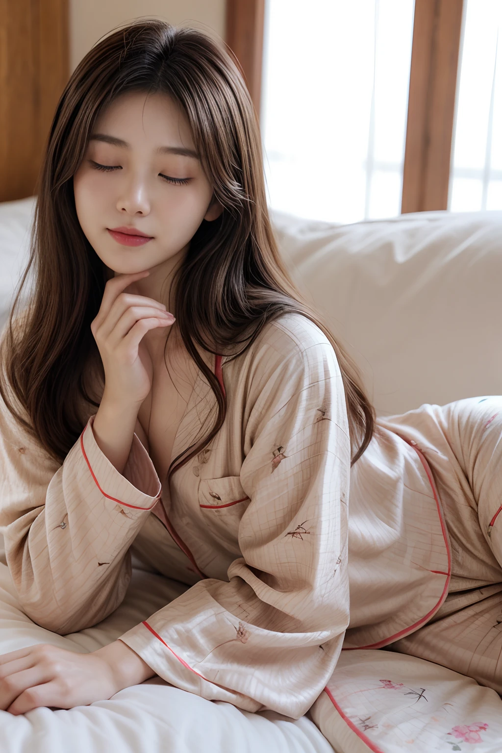 masterpiece、8K、32K、top-quality、(A cute Japanese woman:1.1)、detail portrayal、1 girl in、elegent、23years old、(Lying in pajamas:1.2)、a bed、(rubbing eyes:1.3)、(sleepy:1.1)、cowboy shot、(Light makeup:1.2)、cute little、ssmile