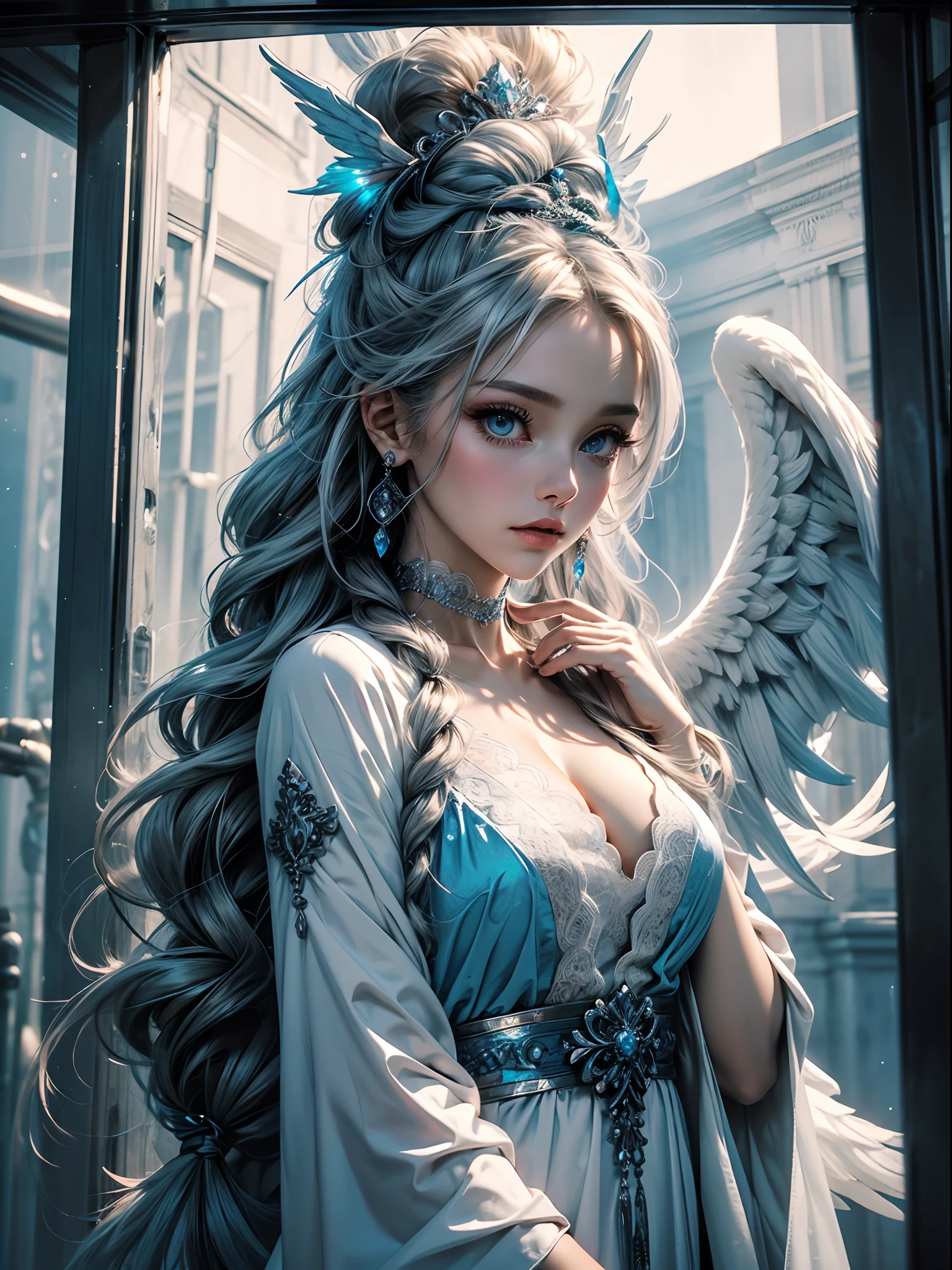Goddess Girl in White Robe, The eyes are the most beautiful、Highly detailed blue, Hyper Perfect Face, Long gray hair that fell to the floor in braids, medium breasts, Curved fit body, With huge half-open angel wings, Translucent areola , Angelic, divine, celestial, A Light Reflecting the Divine, walking slowly, perfect reflections, Sharp and vivid colors, {extremely detailed 8k CG unit wallpaper}, Vast landscape photos, (View from below, Stick to characters and settings), (Wide Open Field View), (low  angle shot), (Highlight: 1.8), (low illuminance: 1.4), (Warm light source: 1.2), intricate-detail, ( Iridescent colors: 1.8), (Bright lighting), (Atmospheric lighting), Dreamy, divine, An majestic, epicd