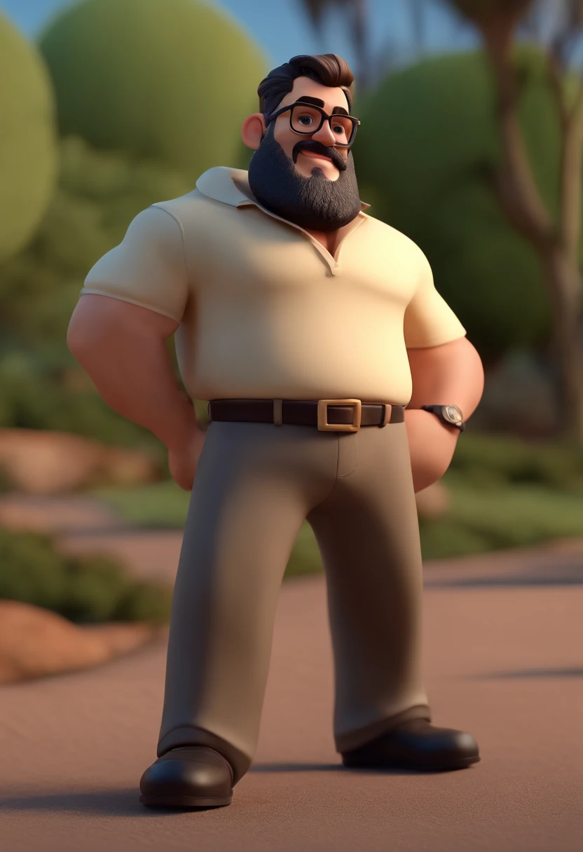 Cartoon character of a man with black glasses and a black polo shirt, cabelo liso, With beard and old school tattoo on his arm, animation character, Caractere estilizado, animation style rendering, 3D estilizado, Arnold Maya render, 3 d render stylized, toon render keyshot, Personagem 3D, Personagem 3D, 3d rendering stylized, 3 d character render, personagem de desenho animado, Personagem de close up, Pose de personagem,  (Estilo Pixar) (master part:1.2) (Bokeh) (best quality) (pele detalhada) (textura detalhada) (8k) (argila) (Cinematic lighting) (foco nítido