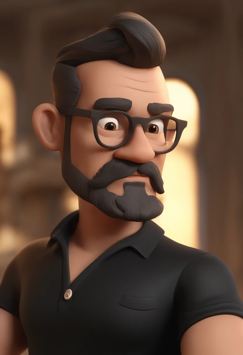 Cartoon character of a man with black glasses and a black polo shirt, cabelo liso, With beard and old school tattoo on his arm, animation character, Caractere estilizado, animation style rendering, 3D estilizado, Arnold Maya render, 3 d render stylized, toon render keyshot, Personagem 3D, Personagem 3D, 3d rendering stylized, 3 d character render, personagem de desenho animado, Personagem de close up, Pose de personagem, (Estilo Pixar) (master part:1.2) (Bokeh) (best quality) (pele detalhada) (textura detalhada) (8k) (argila) (Cinematic lighting) (foco nítido