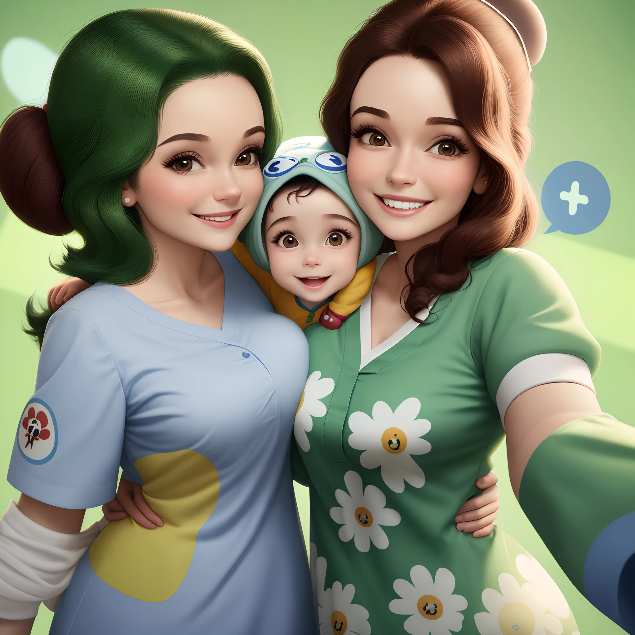 Disney Pixar mulher de pijama hospitalar verde dentro do hospital sorrindo junto com seu cachorrinho