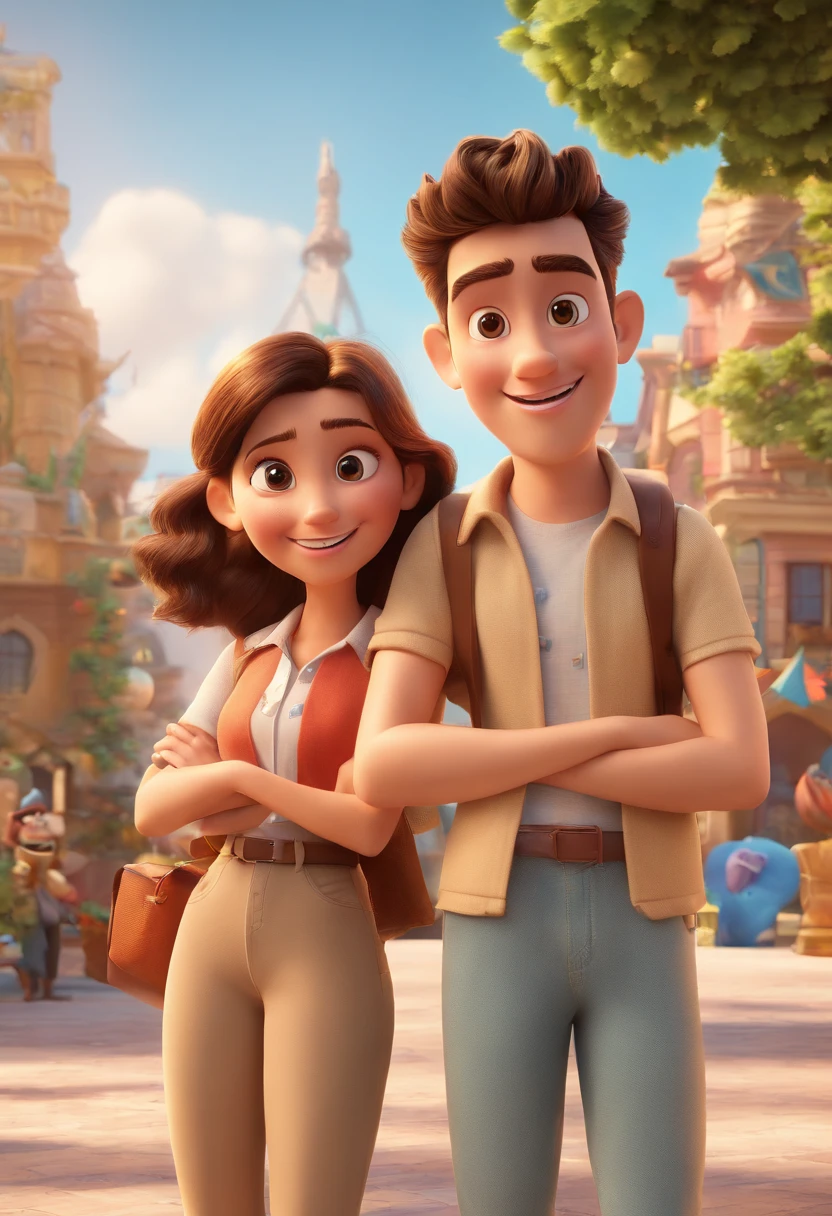 Cartoon of friends having fun on vacation together,  3D Animation Movie Poster, Poster de filme animado, pixar 3 d animation style, pixar renderman rendering, maia 8 mil, animated film, Disney Pixar Estilo 3D, amigos felizes saem juntos, all wearing light blue shirts and cream brown long pants, camisa azul clara, cream brown pants, ao ar livre, vacation, Disney Pixar Animation Poster