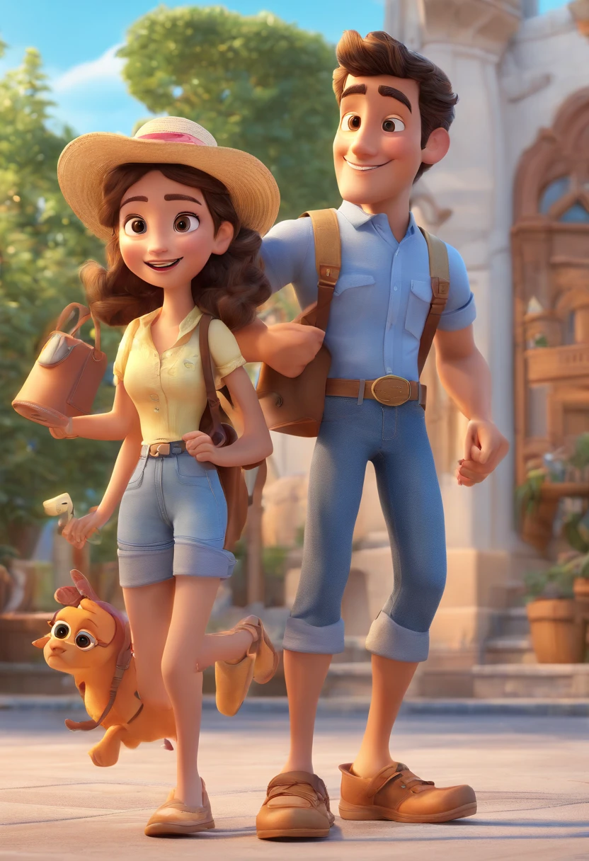 Cartoon of friends having fun on vacation together,  3D Animation Movie Poster, Poster de filme animado, pixar 3 d animation style, pixar renderman rendering, maia 8 mil, animated film, Disney Pixar Estilo 3D, amigos felizes saem juntos, all wearing light blue shirts and cream brown long pants, camisa azul clara, cream brown pants, ao ar livre, vacation, Disney Pixar Animation Poster