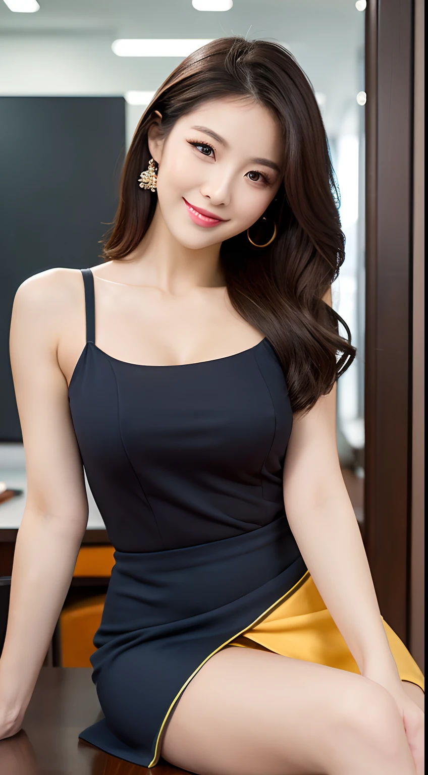 ((Top quality, 8K, Masterpiece: 1.3)), Beautiful girl, Pure, Melon face, Kind and cute, Sweet smile, Pure desire, Slender body, (Front), (Tilted head), ((Looking at camera) ), wearing a casual suit, skirt, long straight hair, long flowing shoulders, clear big eyes, moist red lips, sweet, standing, hotel reception background, (waist shot),