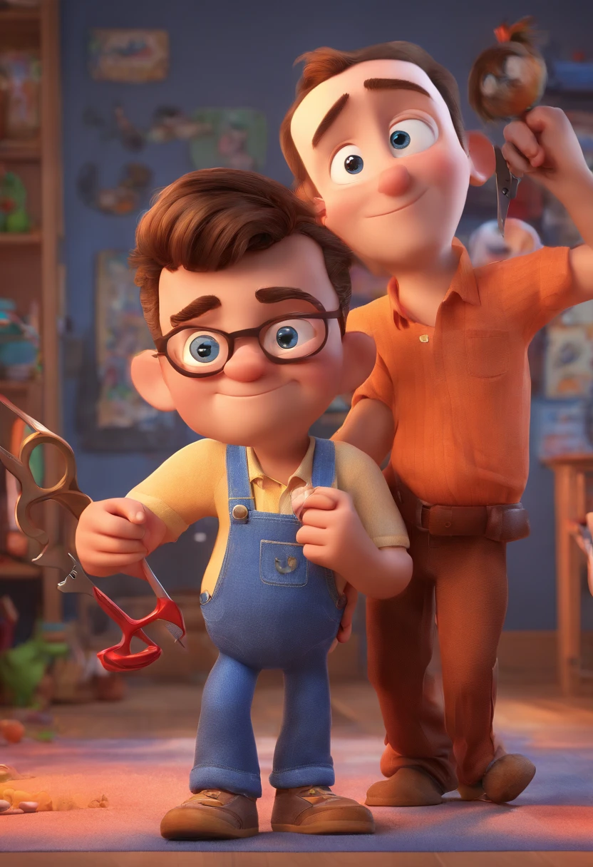 Estilo Pixar: The grown man is holding a naked blue-eyed boy and in his other hand he is holding a pair of scissors and is trying to cut off the boy's testicles,3D Poster,Disney