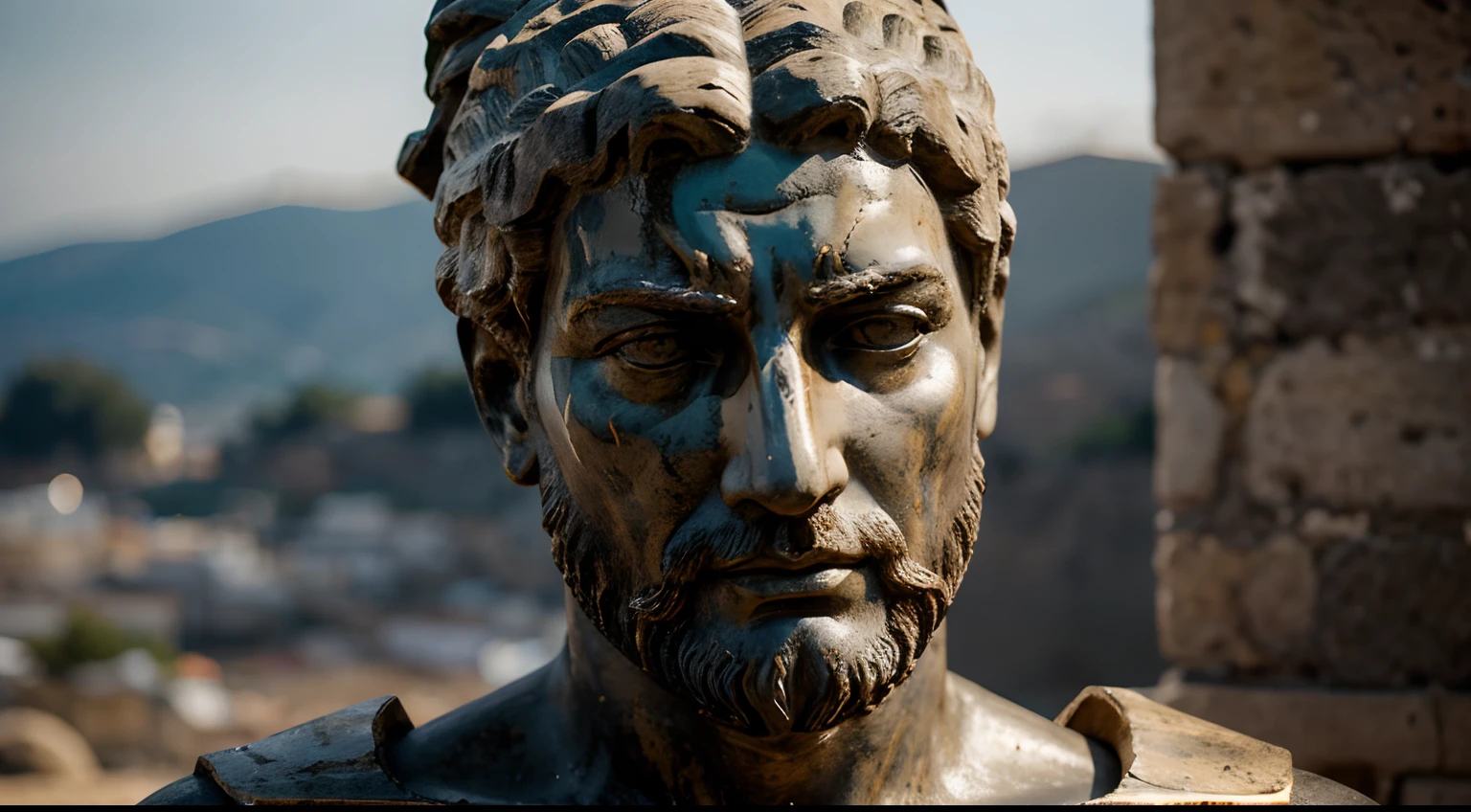 Ancient Stoic Statue With Very Angry Expression, tem barba, muitos detalhes em ambos os olhos, Outside, fundo atenas grego, open sky, com rosto extremamente detalhado full body view, Colors with low saturation with dark tone, Filmado em Sony A7S III com Sony FE 35mm f/1.8, 12.1 MP, --AR 3:2 --estilo cru