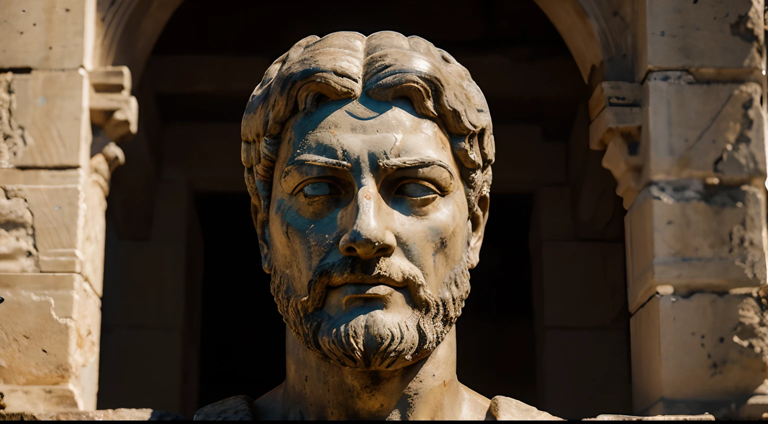 Ancient Stoic Statue With Very Angry Expression, tem barba, muitos detalhes em ambos os olhos, Outside, fundo atenas grego, open sky, com rosto extremamente detalhado full body view, Colors with low saturation with dark tone, Filmado em Sony A7S III com Sony FE 35mm f/1.8, 12.1 MP, --AR 3:2 --estilo cru