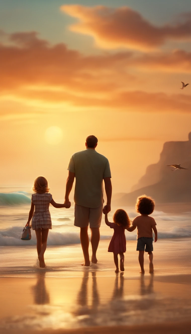 Create in Pixar style a family with a couple of adults and two children in a space on the beach walking together in high quality and richness of detail