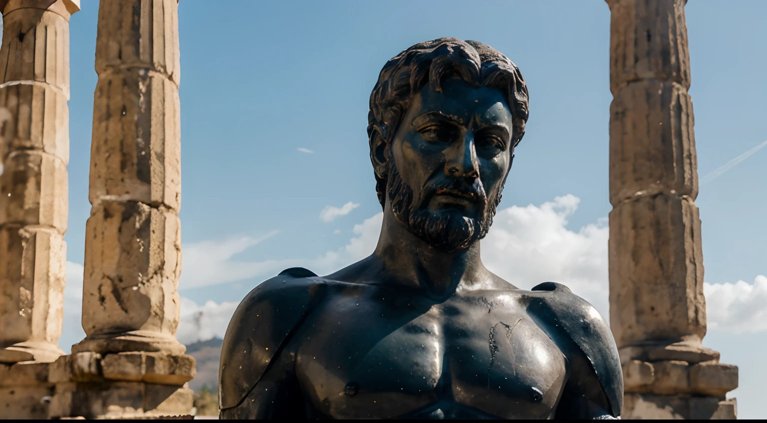 Ancient Stoic Statue With Very Angry Expression, tem barba, muitos detalhes em ambos os olhos, Outside, fundo atenas grego, open sky, com rosto extremamente detalhado full body view, Colors with low saturation with dark tone, Filmado em Sony A7S III com Sony FE 35mm f/1.8, 12.1 MP, --AR 3:2 --estilo cru