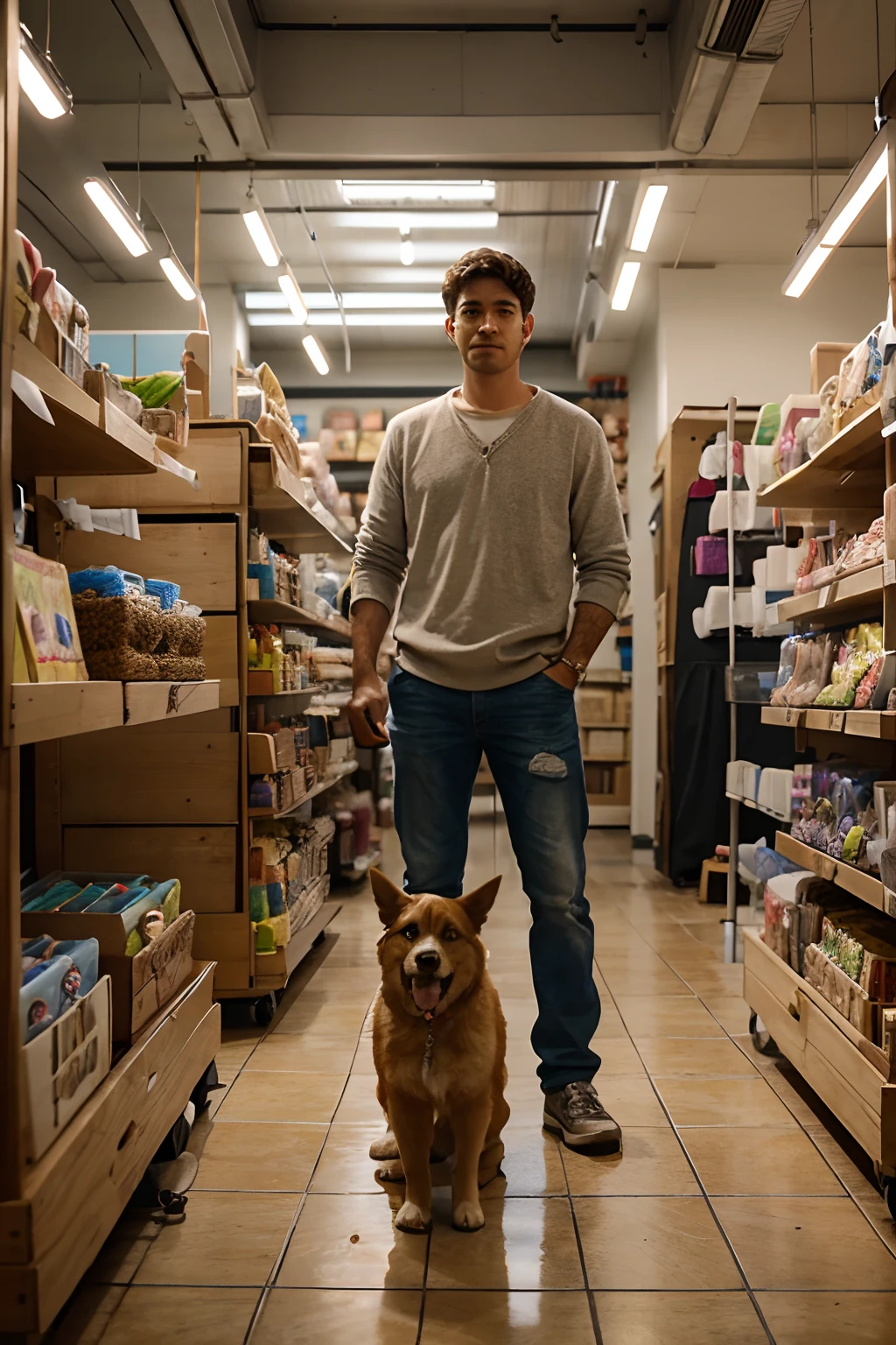 Create a Pixar of a man standing in a room of a pet shop holding a dog with both hands looking at pet products, vendendo seus produtos, crafts and souvenirs,