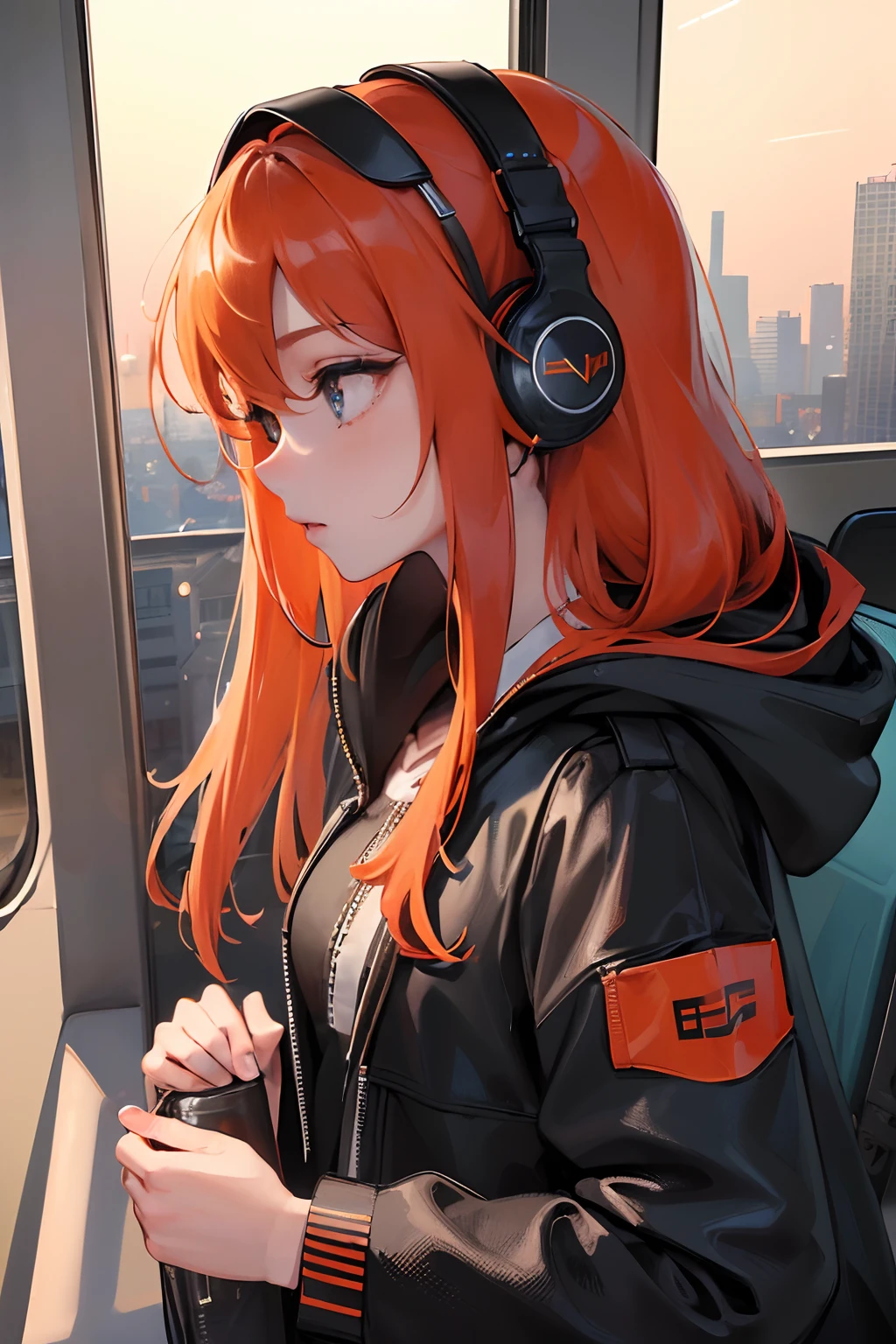 (masterpiece, sidelighting, ultra-detailed, finely detailed beautiful eyes: 1.2), 1girl, bag, building, from side, headphones, hood, hood down, hooded jacket, hoodie, jacket, long hair, orange hair, profile, red hair, solo, train, train interior, upper body, Masterpiece, best quality