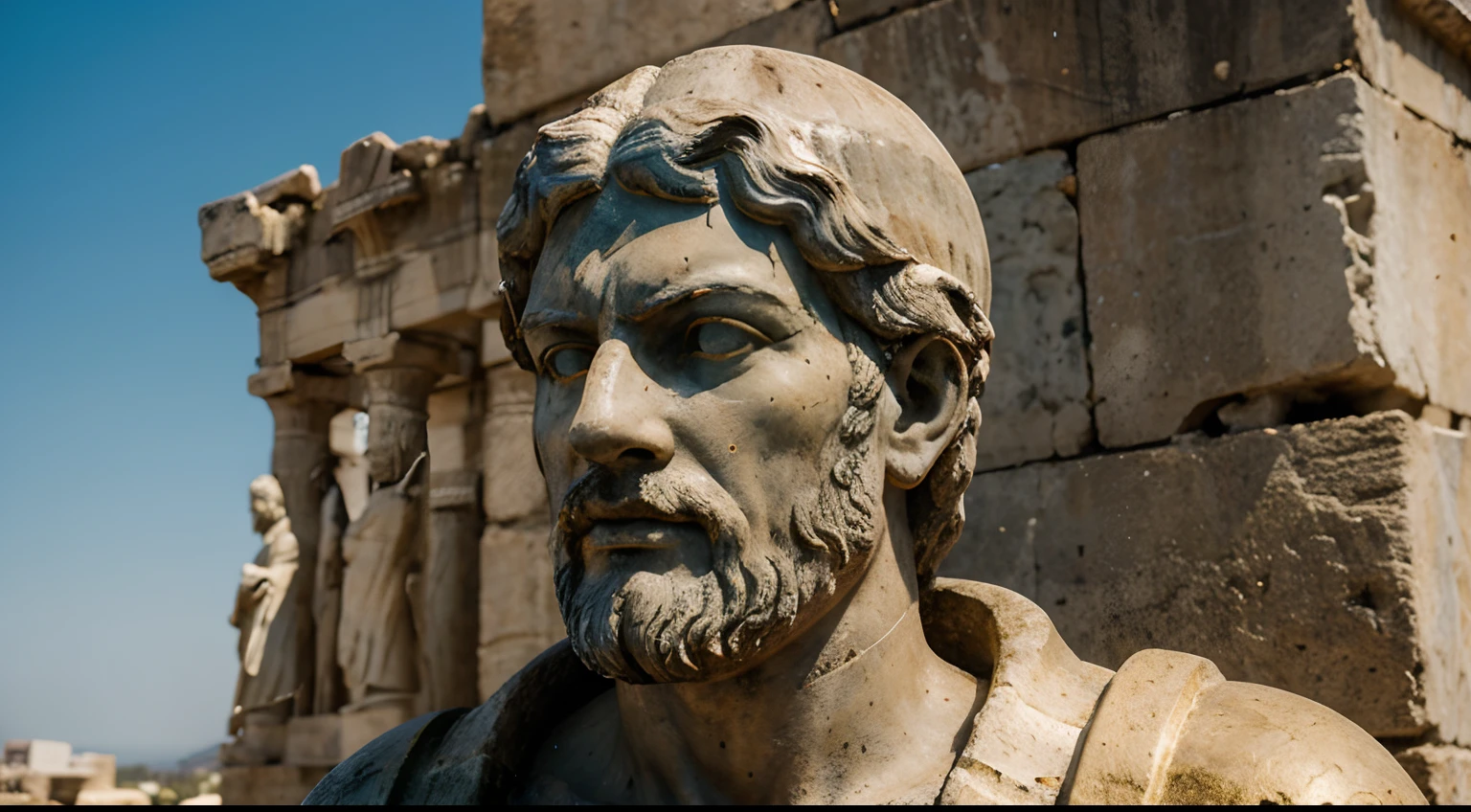 Ancient Stoic Statue With Very Angry Expression, tem barba, muitos detalhes em ambos os olhos, Outside, fundo atenas grego, open sky, com rosto extremamente detalhado full body view, Colors with low saturation with dark tone, Filmado em Sony A7S III com Sony FE 35mm f/1.8, 12.1 MP, --AR 3:2 --estilo cru