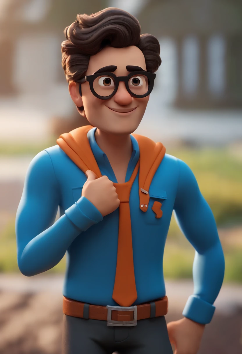 Cartoon character of a man wearing black glasses and a blue shirt, um personagem animado, Caractere estilizado, animation style rendering, 3D estilizado, Arnold Maya render, 3 d render stylized, toon render keyshot, Personagem 3D, Personagem 3D, 3d rendering stylized, 3 d character render, personagem de desenho animado, Personagem de close up, Pose de personagem, (Estilo Pixar) (master part:1.2) (Bokeh) (best quality) (pele detalhada) (textura detalhada) (8k) (argila) (Cinematic lighting) (foco nítido，Senta e vaza a parte superior do corpo