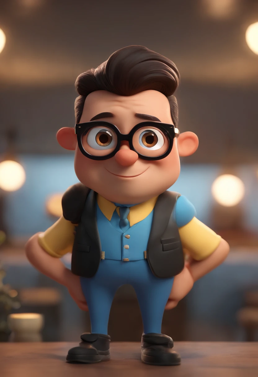 Cartoon character of a man wearing black glasses and a blue shirt, um personagem animado, Caractere estilizado, animation style rendering, 3D estilizado, Arnold Maya render, 3 d render stylized, toon render keyshot, Personagem 3D, Personagem 3D, 3d rendering stylized, 3 d character render, personagem de desenho animado, Personagem de close up, Pose de personagem, (Estilo Pixar) (master part:1.2) (Bokeh) (best quality) (pele detalhada) (textura detalhada) (8k) (argila) (Cinematic lighting) (foco nítido,Senta e vaza a parte superior do corpo