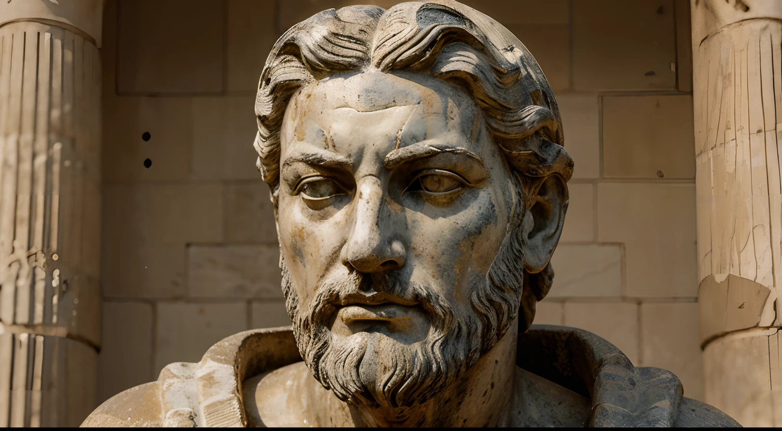 Ancient Stoic Statue With Very Angry Expression, tem barba, muitos detalhes em ambos os olhos, Outside, fundo atenas grego, open sky, com rosto extremamente detalhado full body view, Colors with low saturation with dark tone, Filmado em Sony A7S III com Sony FE 35mm f/1.8, 12.1 MP, --AR 3:2 --estilo cru