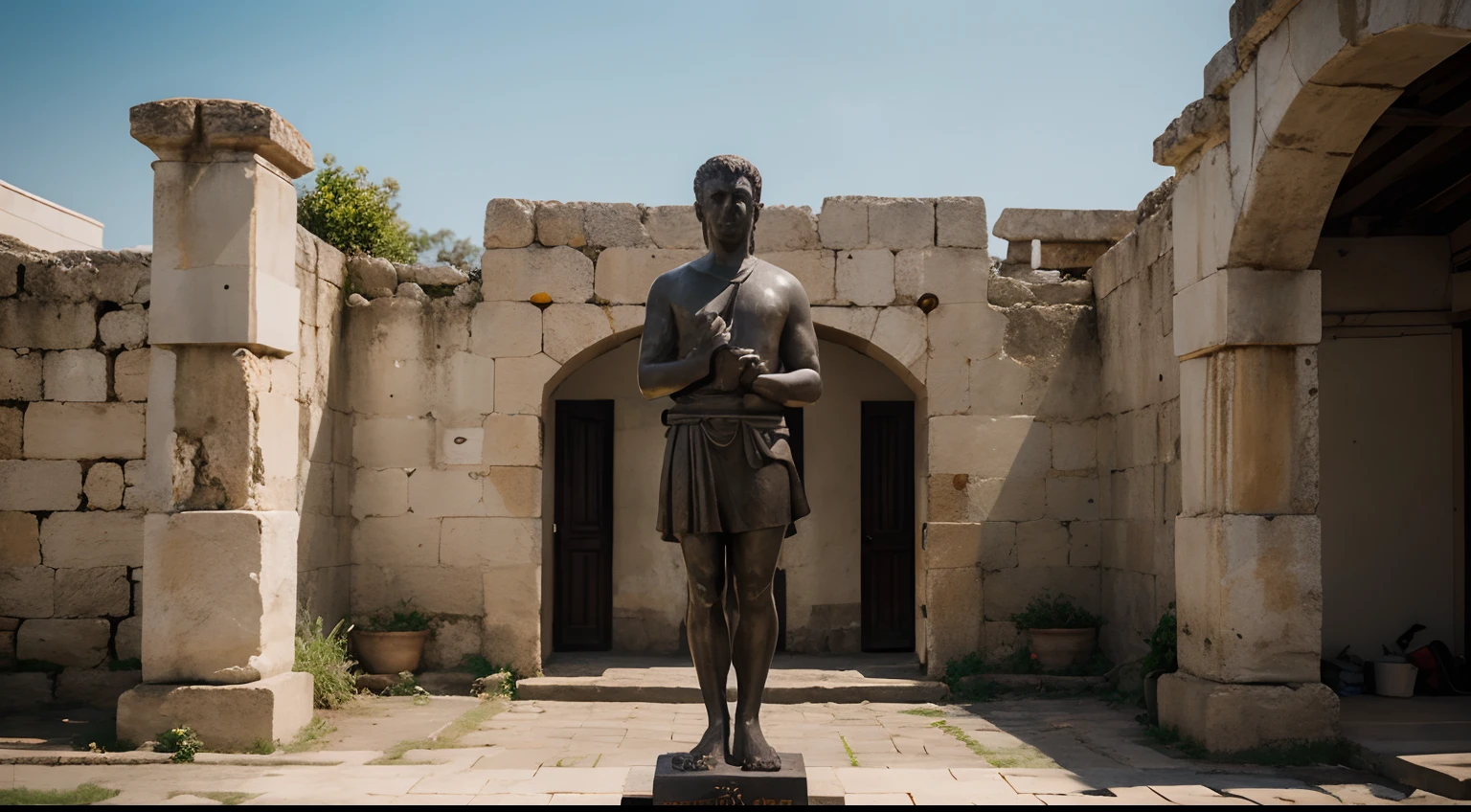 Ancient Stoic Statue With Very Angry Expression, tem barba, muitos detalhes em ambos os olhos, Outside, fundo atenas grego, open sky, com rosto extremamente detalhado full body view, Colors with low saturation with dark tone, Filmado em Sony A7S III com Sony FE 35mm f/1.8, 12.1 MP, --AR 3:2 --estilo cru