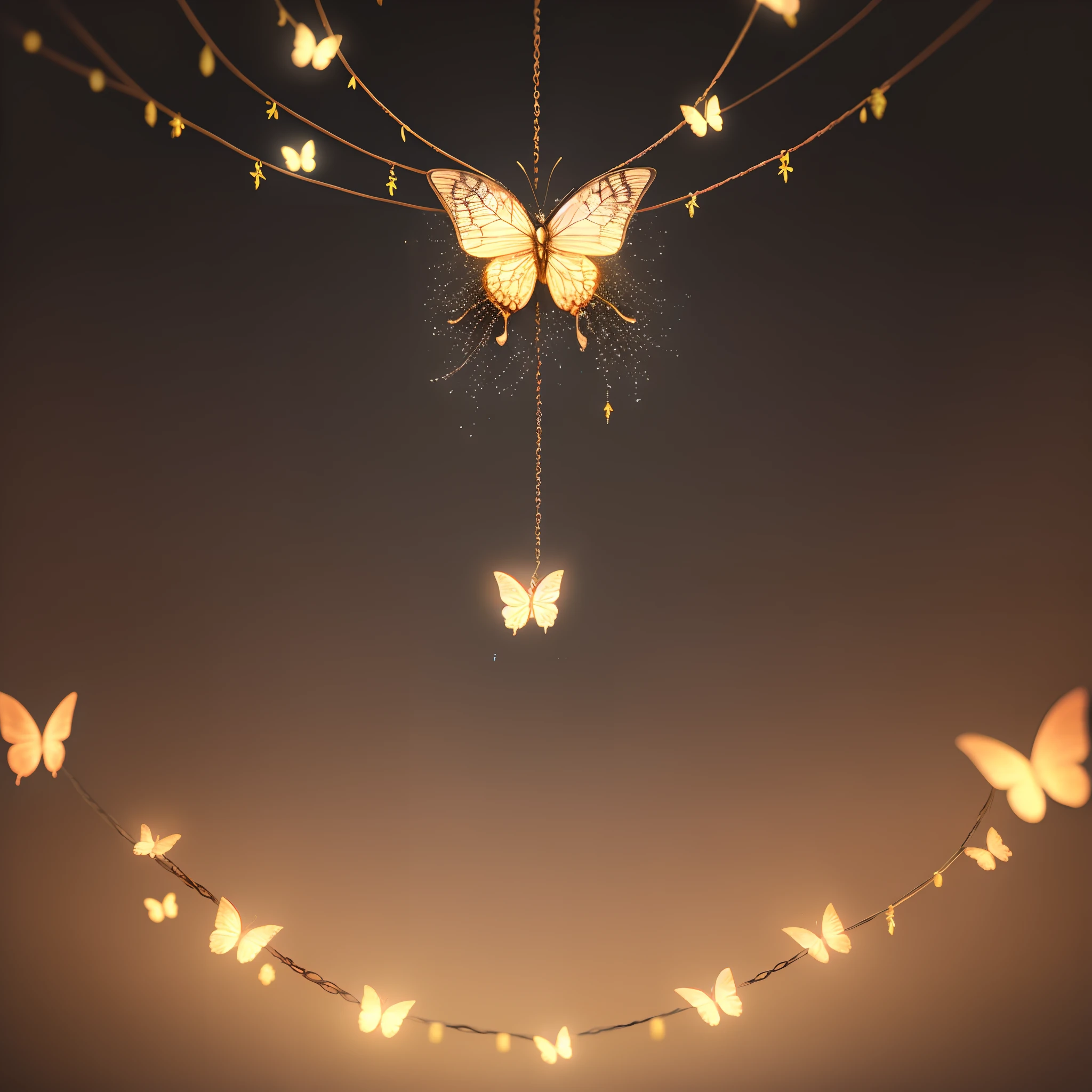 Delicate hanging chains，There are flower decorations，Exquisite gemstones，Crystal texture，There are no characters，solid black background，Glowing butterfly decoration，Glowing particle light effect
