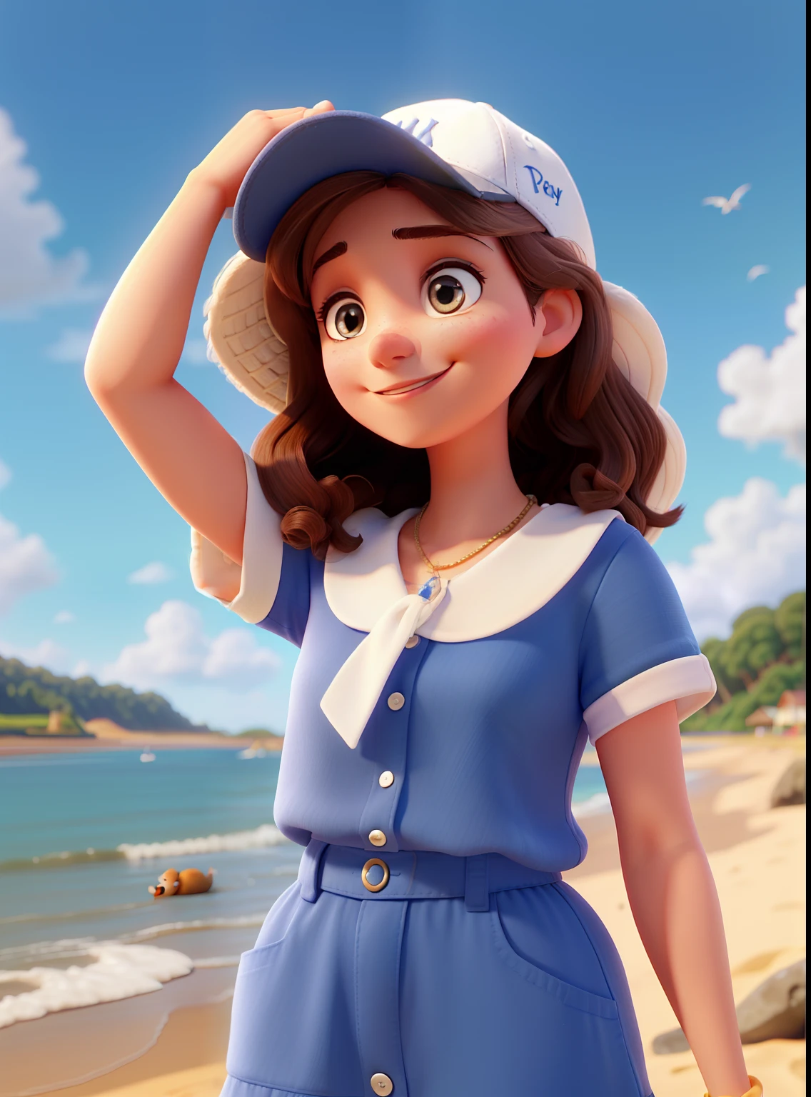 A 30-year-old brunette woman in pixar style illuminated by the morning sun on a quiet beach, Blue sky with white clouds, Yankees cap, e um cachorro yorkshire, usando vestido. Alta qualidade, melhor qualidade