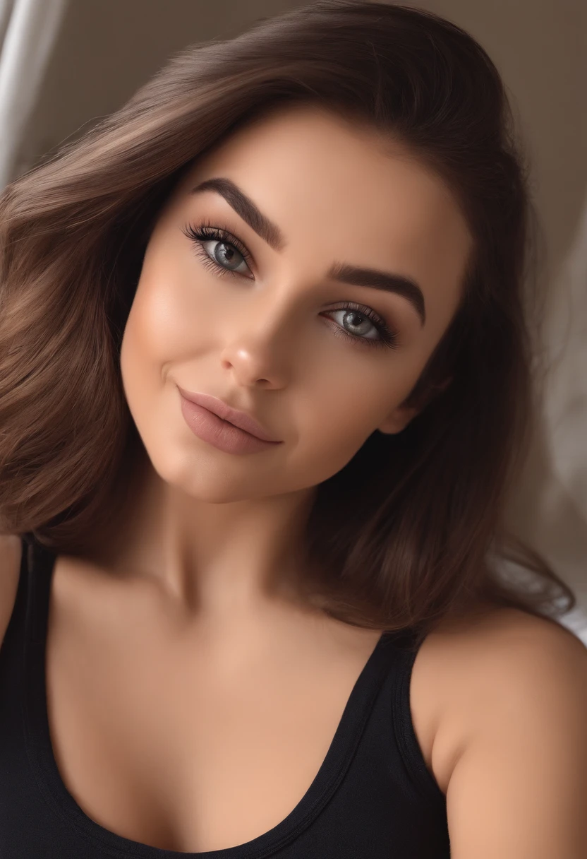 arafed woman with matching tank top and leggings, sexy girl with brown eyes, portrait sophie mudd, brown hair and large eyes, selfie of a young woman, bedroom eyes, violet myers, without makeup, natural makeup, turning to look at the camera, face with artgram, subtle makeup, stunning full body shot, in bedroom, sexy ass, cute butt