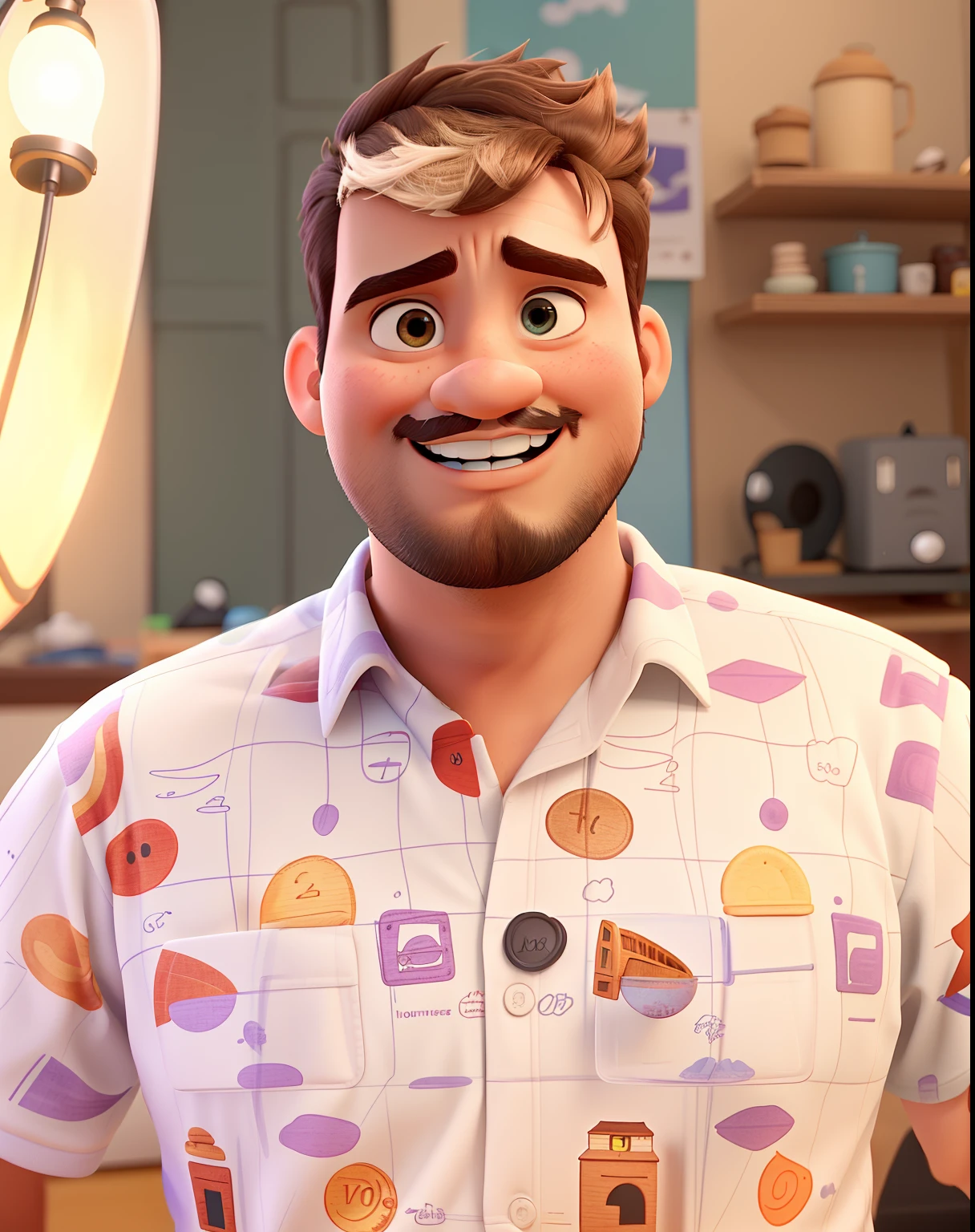 Pixar-inspired 3D poster/Disney capturando uma cena com um homem jovem gordinho, de bigode e canhaque, com cabelos castanhos escuros de lado, In the middle of your video recording studio. He's excitedly engaging with the camera, showcasing your happiness in creating content for Instagram. The studio setup with fixtures and lights adds depth to the scene.