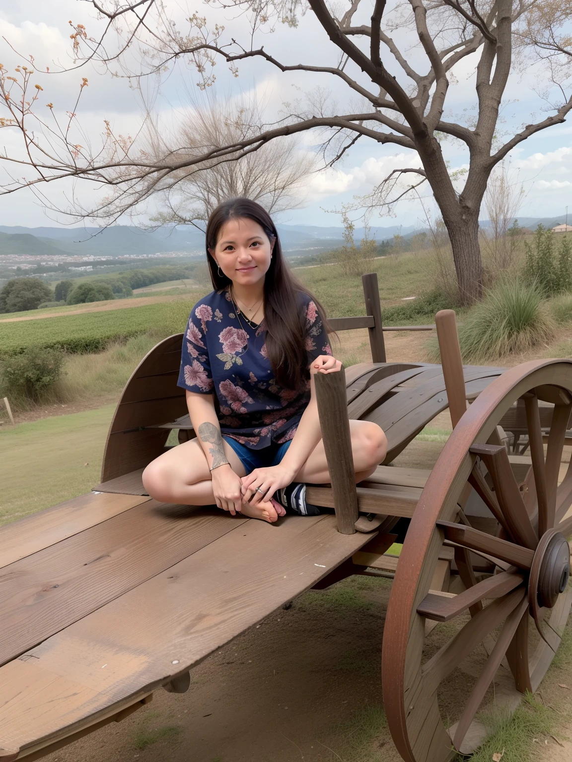 There's a woman sitting on a wooden wagon with a wheel, com montanhas ao fundo, sentado bonito em uma montanha, sentado em cima de uma mesa, sentado em uma mesa, com montanhas como pano de fundo, tempo de frio. boa vista, com montanhas no fundo, nas montanhas, Colinas ao fundo, Directed by: Nandor Soldier, sentar-se casualmente