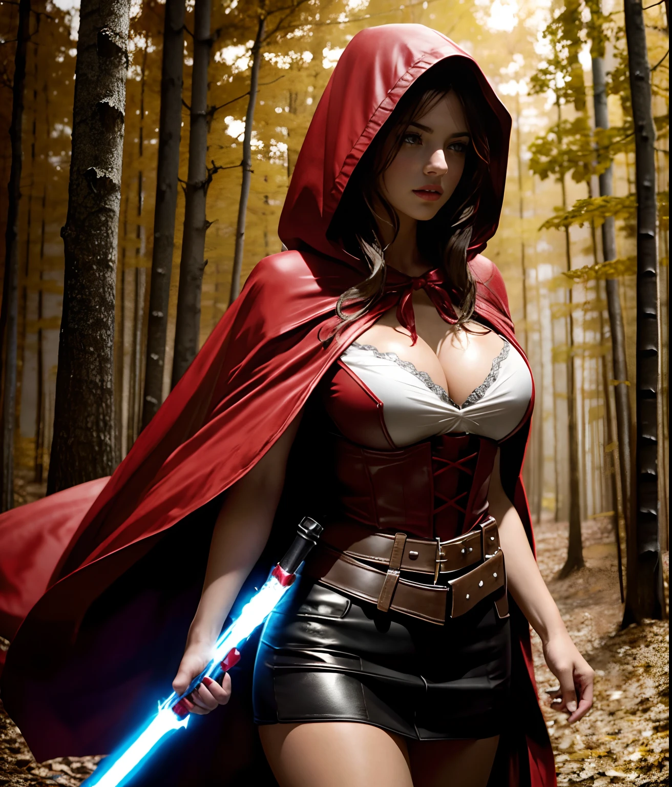 extremely beautiful red riding hood, subtle makeup, golden hour, photorealistic, high contrast, 8k HD, detailed, hyper-detailed, realistic skin texture, covered with red hood, large breast, best quality, ultra high res, raw photo, dramatic lighting, unreal engine, diffuse glow, intricate red hood, outdoor, realistic detailed dark forest, falling leaves, breeze, holding light saber