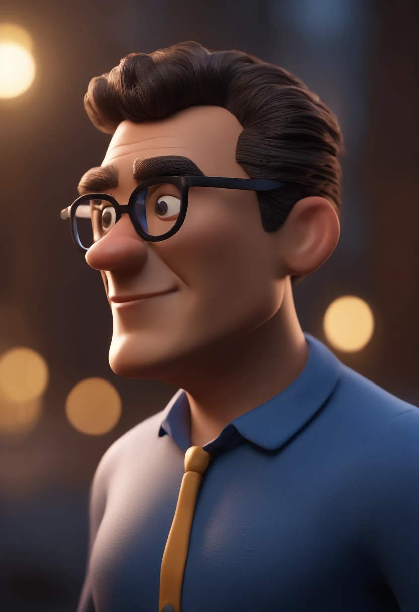 Cartoon character of a man with black glasses and a blue shirt, animation character, Caractere estilizado, animation style rendering, 3D estilizado, Arnold Maya render, 3 d render stylized, toon render keyshot, Personagem 3D, Personagem 3D, 3d rendering stylized, 3 d character render, personagem de desenho animado, Personagem de close up, Pose de personagem,  (Estilo Pixar) (master part:1.2) (Bokeh) (best quality) (pele detalhada) (textura detalhada) (8k) (argila) (Cinematic lighting) (foco nítido