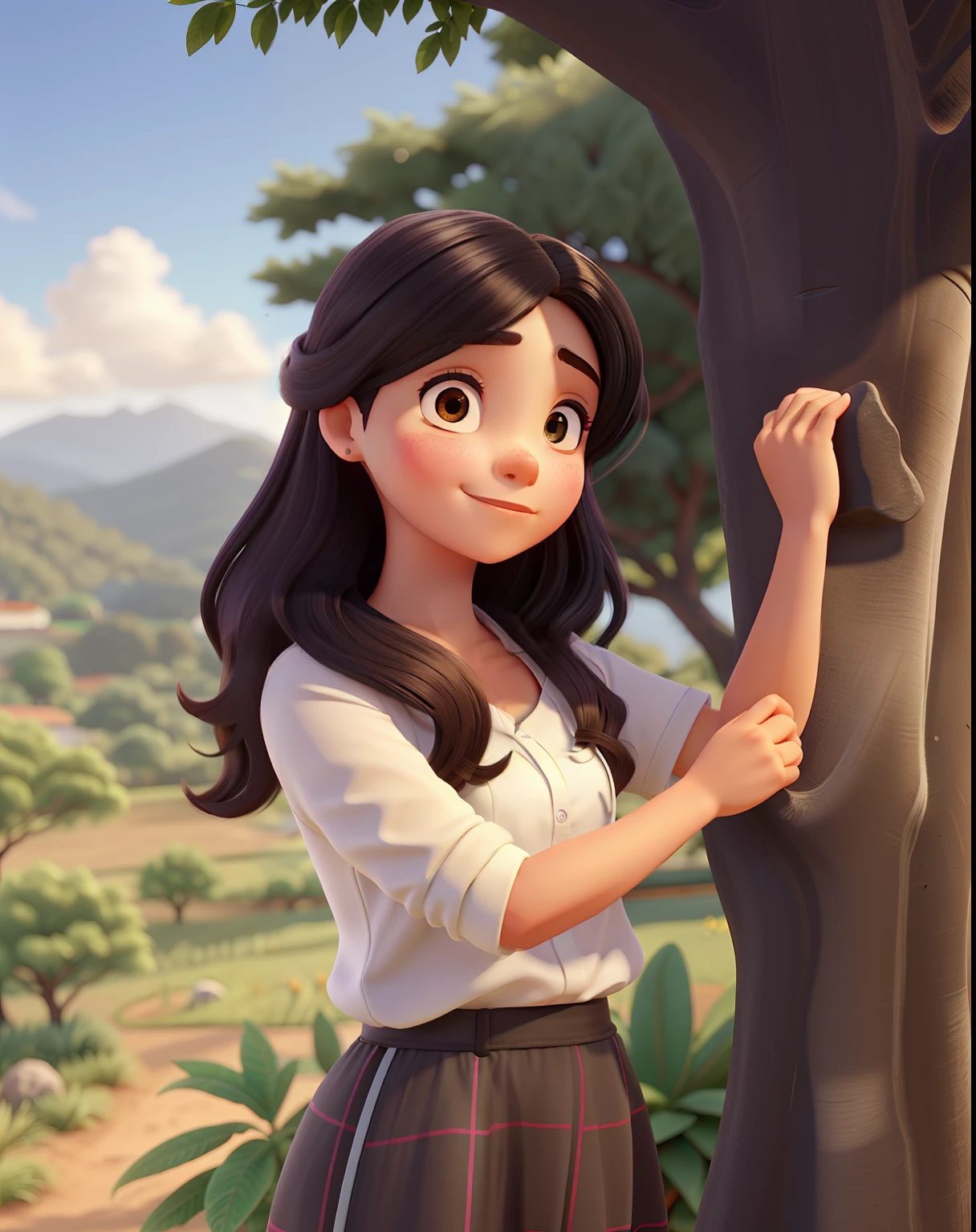 Uma menina jovem,20 anos de idade,cabelos grandes,cor do cabelo preto com loiro,Embraced by Jesus, In a beautiful landscape with trees and shrubs.