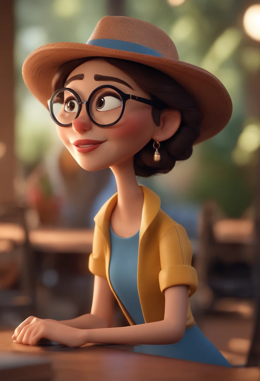 Cartoon character of a woman wearing black glasses and a blue blouse, uma personagem animada, Caractere estilizado, animation style rendering, 3D estilizado, Arnold Maya render, 3 d render stylized, toon render keyshot, Personagem 3D, Personagem 3D, 3d rendering stylized, 3 d character render, personagem de desenho animado, Personagem de close up, Pose de personagem, (Estilo Pixar) (master part:1.2) (Bokeh) (best quality) (pele detalhada) (textura detalhada) (8k) (argila) (Cinematic lighting) (foco nítido,Senta e vaza a parte superior do corpo