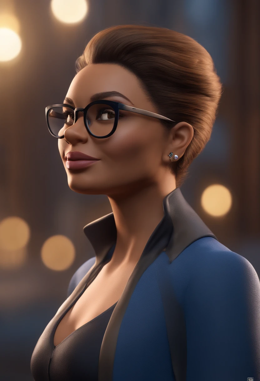 Cartoon character of a woman wearing black glasses and a blue blouse, uma personagem animada, Caractere estilizado, animation style rendering, 3D estilizado, Arnold Maya render, 3 d render stylized, toon render keyshot, Personagem 3D, Personagem 3D, 3d rendering stylized, 3 d character render, personagem de desenho animado, Personagem de close up, Pose de personagem, (Estilo Pixar) (master part:1.2) (Bokeh) (best quality) (pele detalhada) (textura detalhada) (8k) (argila) (Cinematic lighting) (foco nítido，Senta e vaza a parte superior do corpo