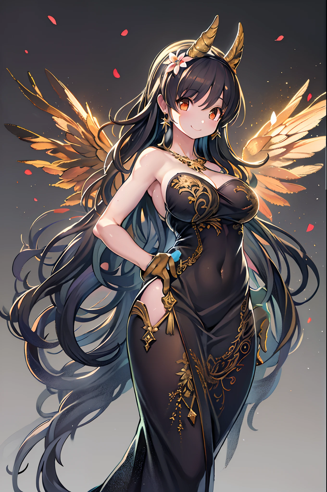 Giorbria, Angel wings, Beautiful woman, (Photorealistic), back lighting, Black background, Black Dress, Black Gloves, Black hair, Smile, Cowboy Shot, Dress, earrings, Floating hair, gloves, Gold Earrings, Gold Hair Band, Hair Flower, Hair Ornament, ((Hair Band)), Jewelry, light Particle, Long hair, Look Viewer, Off shoulder dress, Off-shoulder, flower petals, side locks, Solo, spikes, Beautiful dress, two-sided fabric, ((masutepiece)) 、Two girls、lesbian、embracing each other