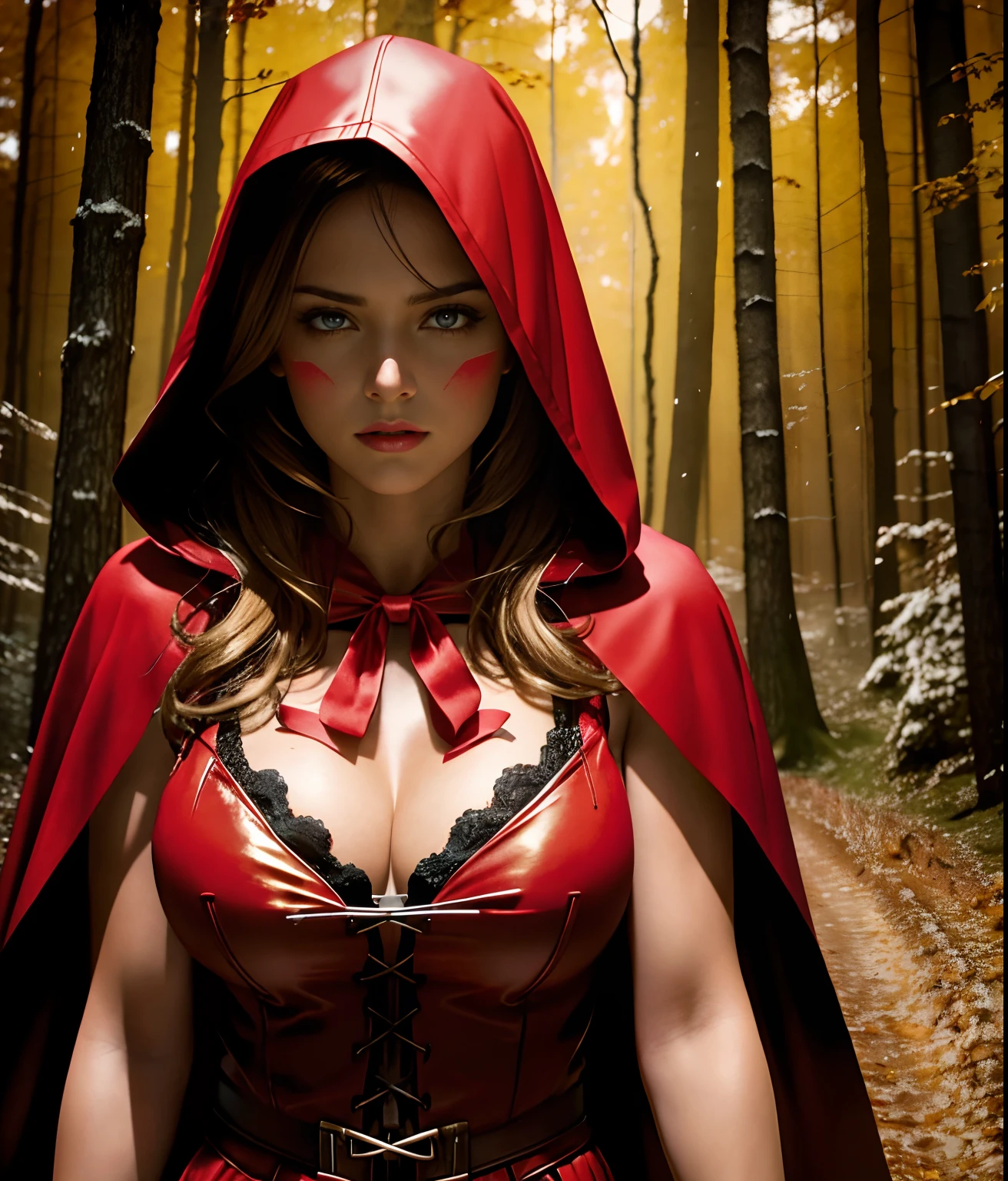 extremely beautiful red riding hood, subtle makeup, golden hour, photorealistic, high contrast, 8k HD, detailed, hyper-detailed, realistic skin texture, covered with red hood, large breast, best quality, ultra high res, raw photo, dramatic lighting, unreal engine, diffuse glow, intricate red hood, outdoor, realistic detailed dark forest, falling leaves, breeze, holding light saber