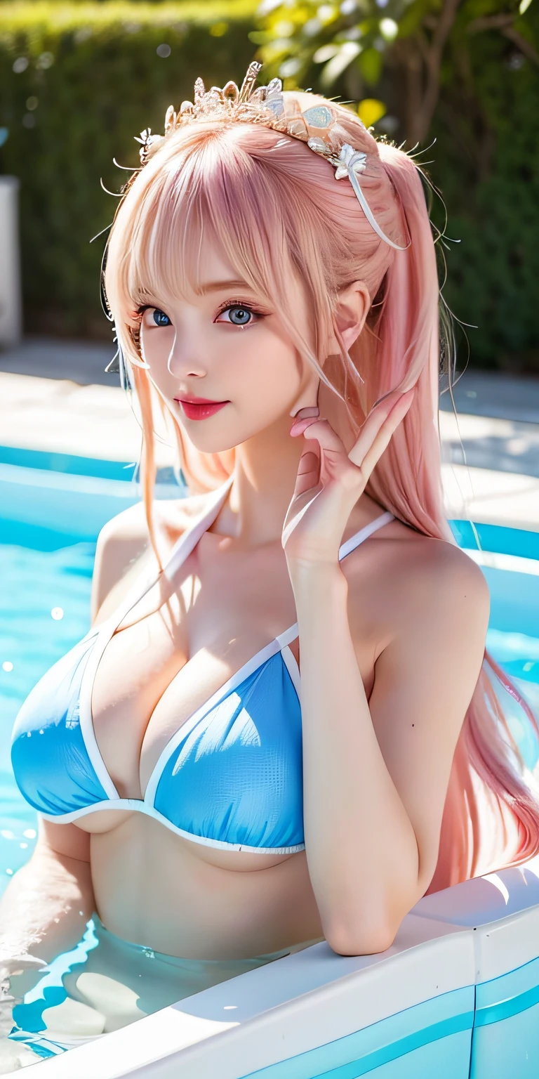 (8K, 4K, Best Quality, High Definition: 1.2), (Masteristic, Realistic, Photoreal: 1.37), 1 girl, Solo, Beautiful face, blue eyess、Eyelashes, Nose, Glossy lips, (Fine eyes, Beholder, Fair skin, White skin: 1.5), fine complexion, Upper body, Swimsuit, （maikurobikini）、Patterned Bikini
big, Big, (: 1.5),
outdoor bath,
ridiculously long hair, Blonde hair, （Pink hair）, Bangs, 2 sides up,
年轻, old, The shape of the fingers is beautiful, Areola visible