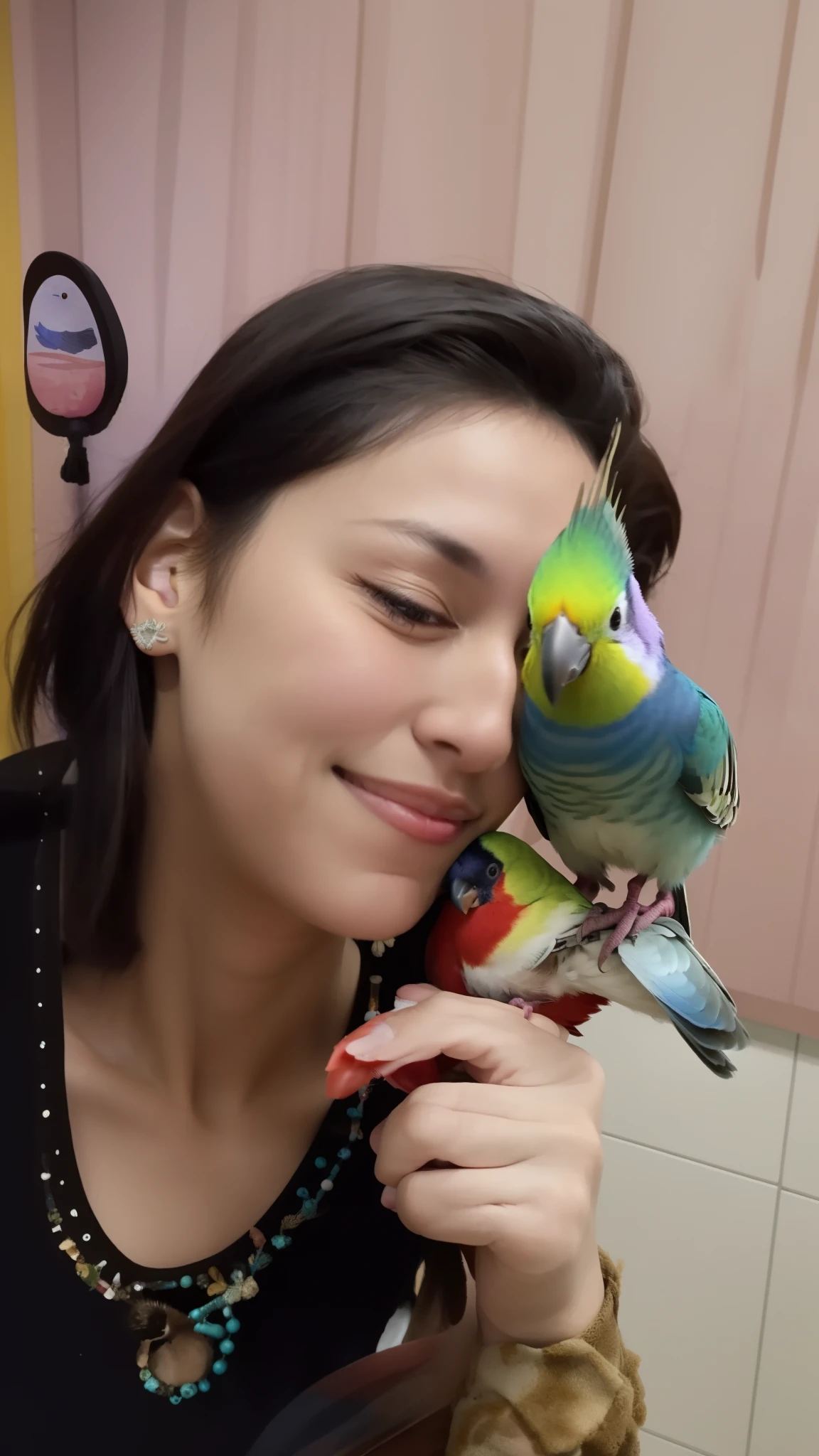 There's a woman holding a bird in her arm, pet bird, com um papagaio grande, Directed by: Nandor Soldier, with his pet bird, com um papagaio no ombro, Birb, com bico amarelo, pet animal, with great birds, bird on your shoulder, fotografia, there are birds on her head, com pintinhos, Ayahausca