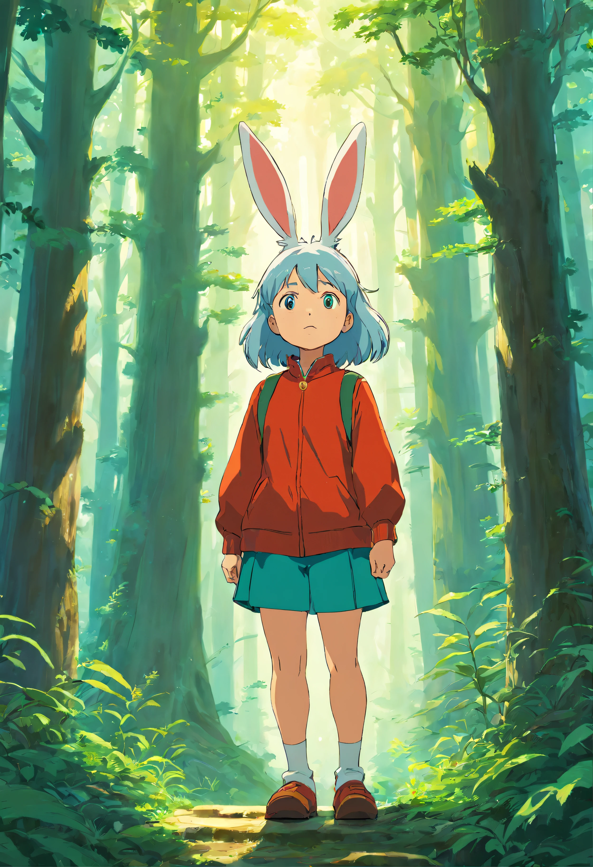 edgBunny, forest, standing up, curious expression, Studio Ghibli, oil painting, detailed features, forest, animate