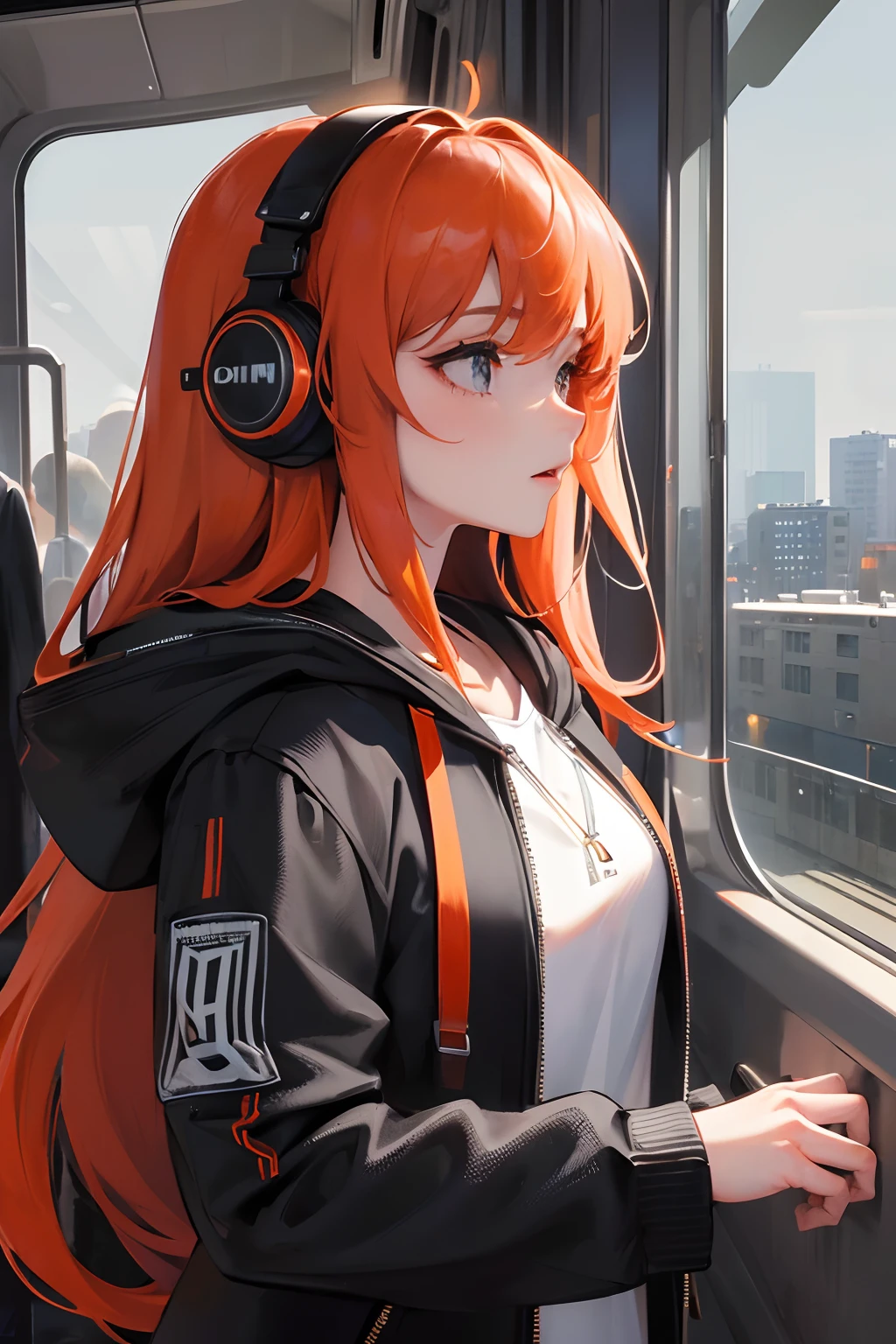 (masterpiece, sidelighting, ultra-detailed, finely detailed beautiful eyes: 1.2), 1girl, bag, building, from side, headphones, hood, hood down, hooded jacket, hoodie, jacket, long hair, orange hair, profile, red hair, solo, train, train interior, upper body, Masterpiece, best quality