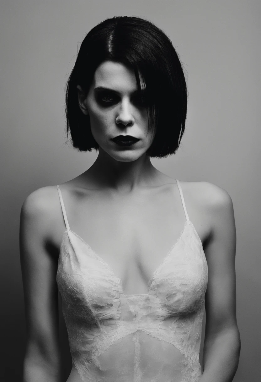 Photographie fujifilm de Kate Mara avec la coupe de cheveux de Mia Wallace, elle porte une chemise décolletée blanche couverte de sang et du maquillage zombie, elle boit un cocktail de sang, soirée déguisée avec pour thème Halloween