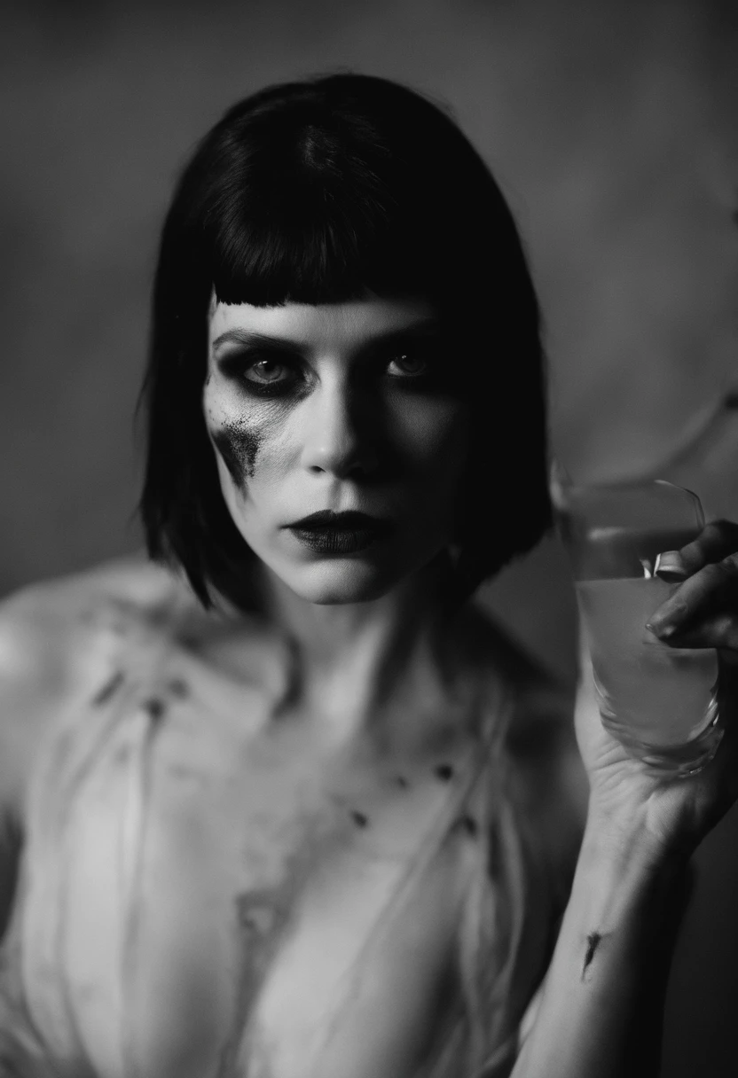 Photographie fujifilm de Kate Mara avec la coupe de cheveux de Mia Wallace, elle porte une chemise décolletée blanche couverte de sang et du maquillage zombie, elle boit un cocktail de sang, soirée déguisée avec pour thème Halloween