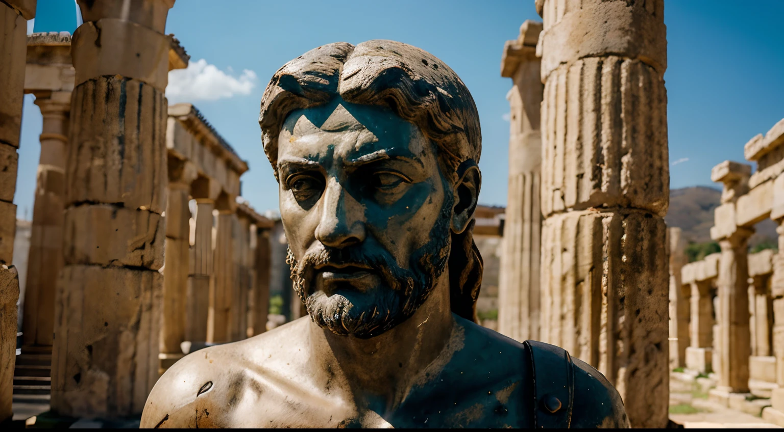 Ancient Stoic Statue With Very Angry Expression, tem barba, muitos detalhes em ambos os olhos, Outside, fundo atenas grego, open sky, com rosto extremamente detalhado full body view, Colors with low saturation with dark tone, Filmado em Sony A7S III com Sony FE 35mm f/1.8, 12.1 MP, --AR 3:2 --estilo cru