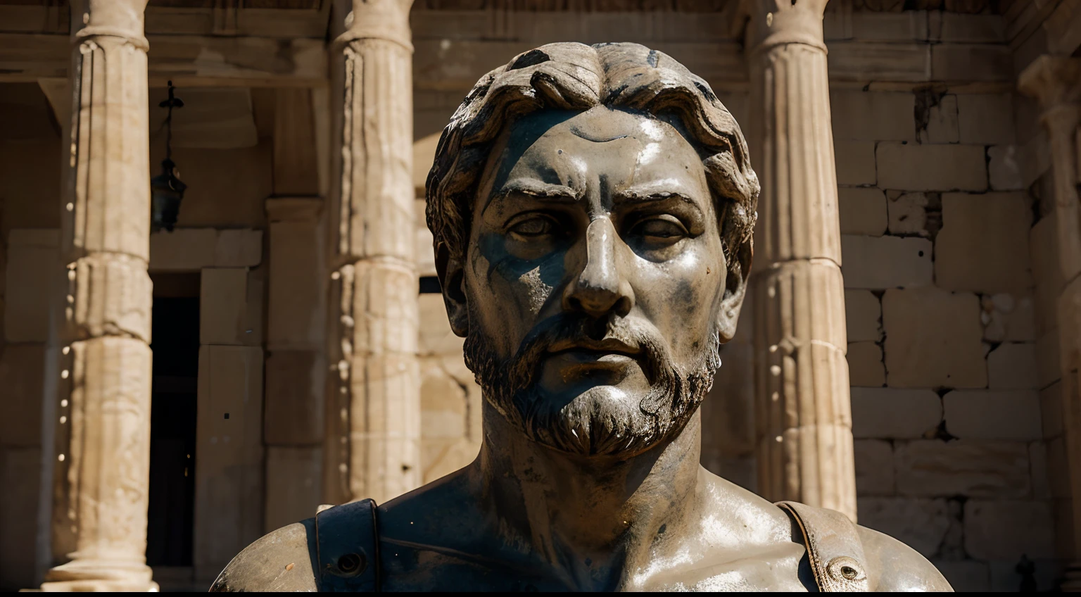 Ancient Stoic Statue With Very Angry Expression, tem barba, muitos detalhes em ambos os olhos, Outside, fundo atenas grego, open sky, com rosto extremamente detalhado full body view, Colors with low saturation with dark tone, Filmado em Sony A7S III com Sony FE 35mm f/1.8, 12.1 MP, --AR 3:2 --estilo cru