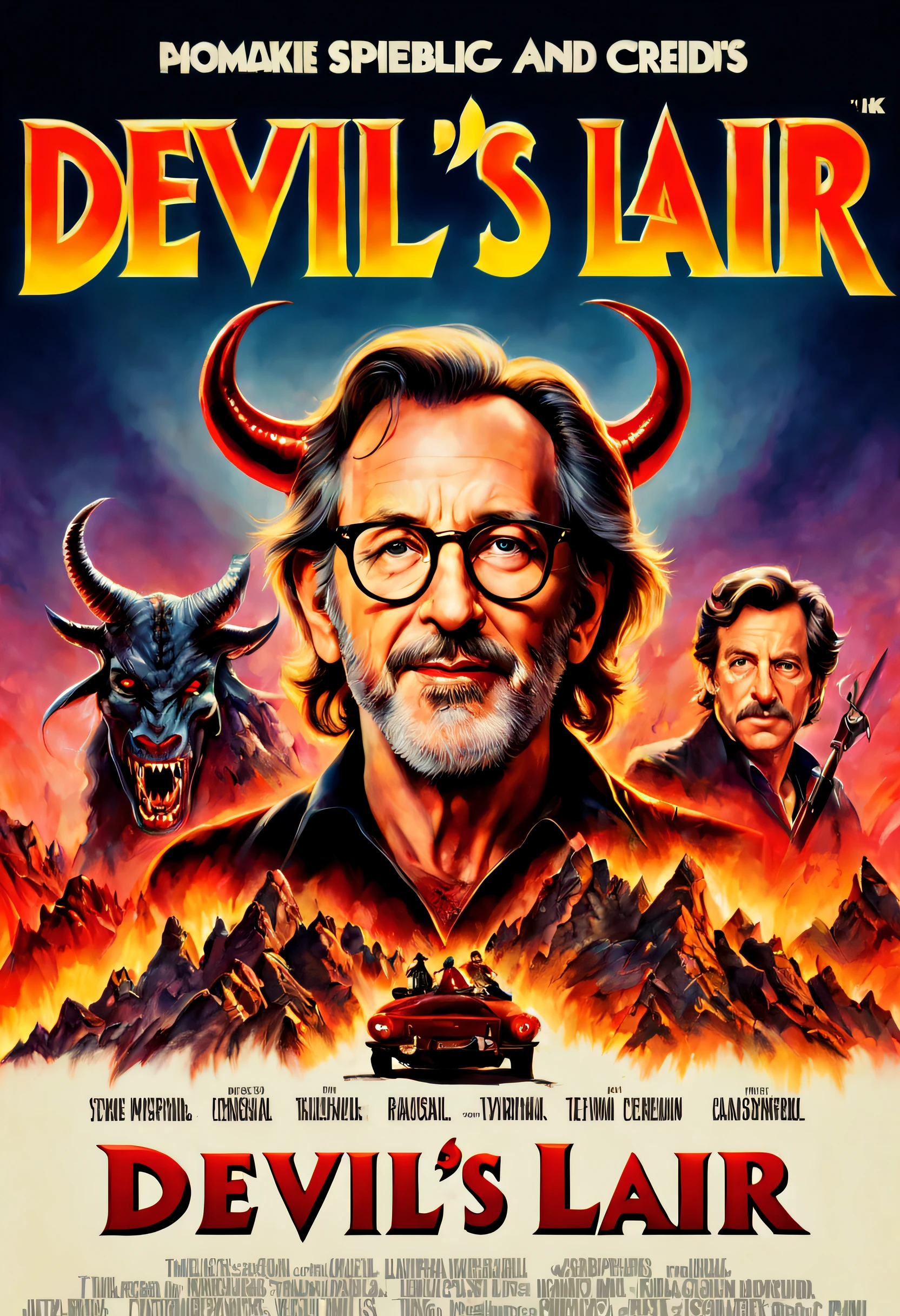 best quality, 4k, 8k, high resolution, masterpiece: 1.2), ultra detailed, (realistic, photorealistic, photorealistic: 1.37), movie poster titled "Devil's Lair", by Steven Spielberg, title, lyrics and credits