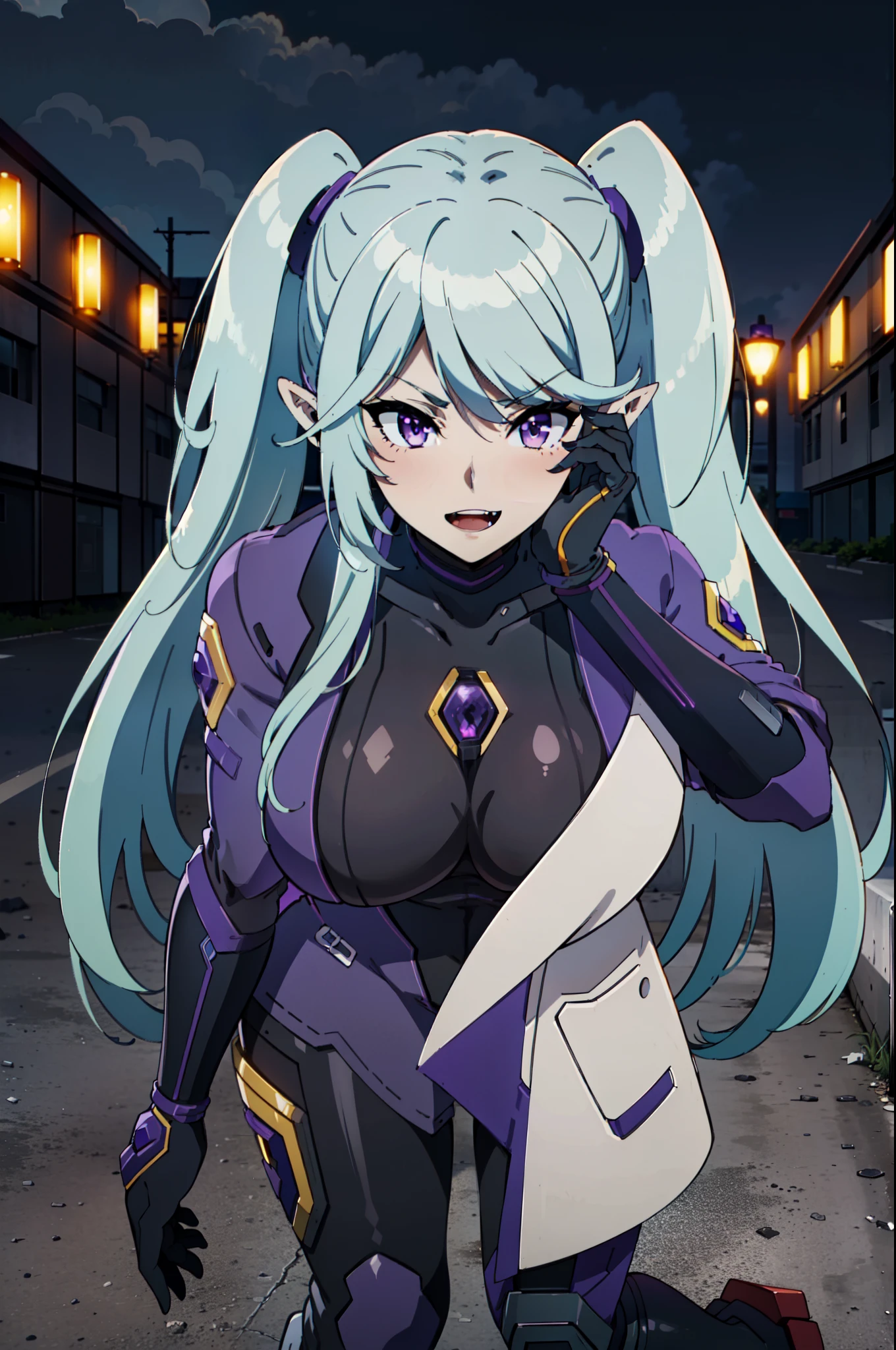 masterpiece, best quality, extremely detailed, anime art style, 1girl, mature female, solo, (large breasts:1.7), ((azure hair, very long hair, twintails, purple eyes, pointy ears)), parted lips, (((multicolored plugsuit, black gloves, mechanical legs))), ((blush, yandere trance, evil smile), open mouth, fangs), ((hands on own face, dystopian city, dark sky, storm clouds))