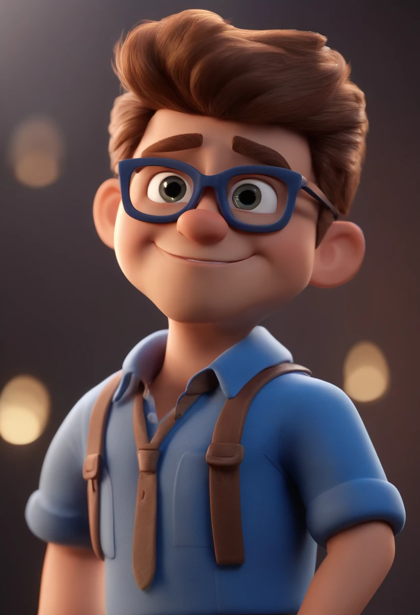 Cartoon character of a man wearing black glasses and a blue shirt, um personagem animado, Caractere estilizado, animation style rendering, 3D estilizado, Arnold Maya render, 3 d render stylized, toon render keyshot, Personagem 3D, Personagem 3D, 3d rendering stylized, 3 d character render, personagem de desenho animado, Personagem de close up, Pose de personagem, (Estilo Pixar) (master part:1.2) (Bokeh) (best quality) (pele detalhada) (textura detalhada) (8k) (argila) (Cinematic lighting) (foco nítido,Senta e vaza a parte superior do corpo