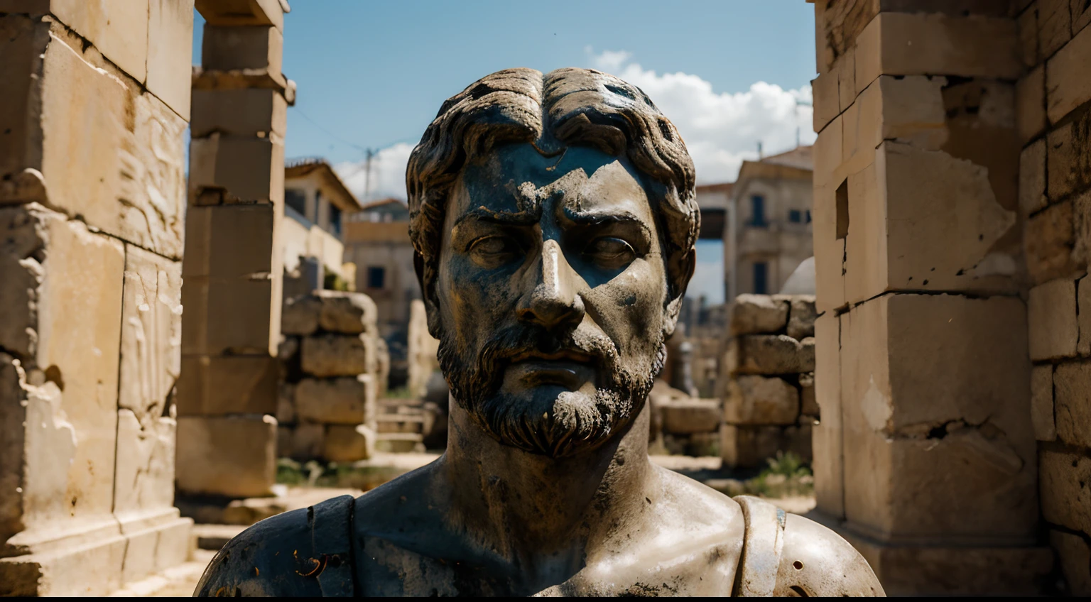 Ancient Stoic Statue With Very Angry Expression, tem barba, muitos detalhes em ambos os olhos, Outside, fundo atenas grego, open sky, com rosto extremamente detalhado full body view, Colors with low saturation with dark tone, Filmado em Sony A7S III com Sony FE 35mm f/1.8, 12.1 MP, --AR 3:2 --estilo cru