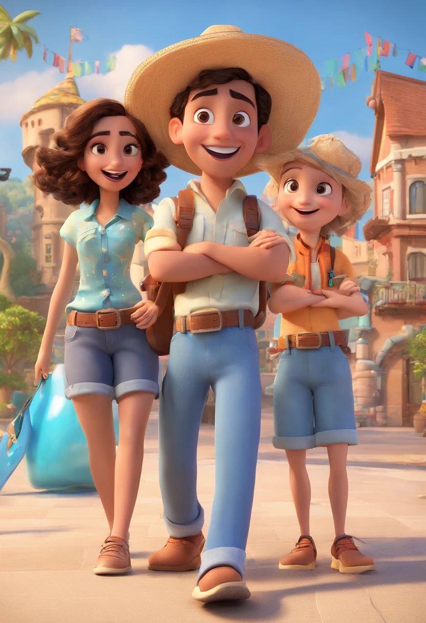 Cartoon of friends having fun on vacation together,  3D Animation Movie Poster, Poster de filme animado, pixar 3 d animation style, pixar renderman rendering, maia 8 mil, animated film, Disney Pixar Estilo 3D, amigos felizes saem juntos, all wearing light blue shirts and cream brown long pants, camisa azul clara, cream brown pants, ao ar livre, vacation, Disney Pixar Animation Poster