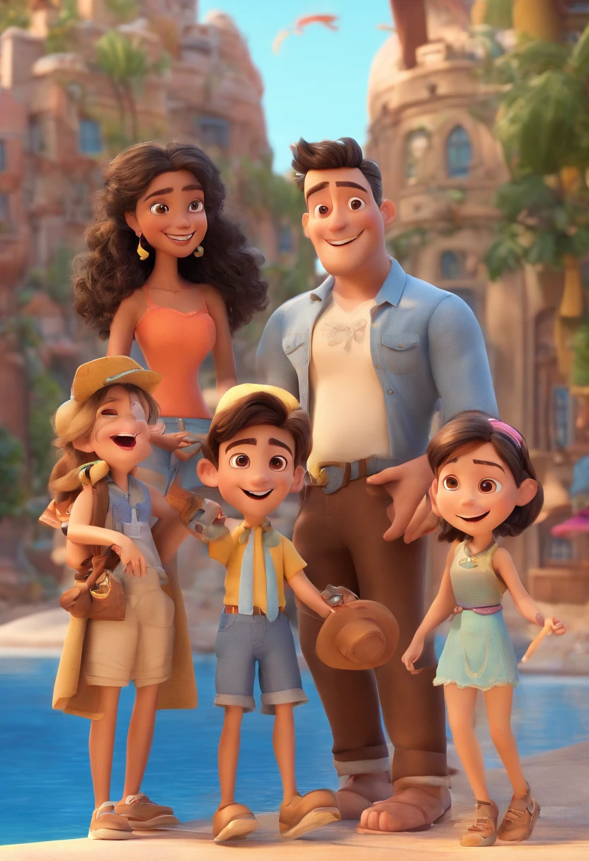 Cartoon of friends having fun on vacation together,  3D Animation Movie Poster, Poster de filme animado, pixar 3 d animation style, pixar renderman rendering, maia 8 mil, animated film, Disney Pixar Estilo 3D, amigos felizes saem juntos, all wearing light blue shirts and cream brown long pants, camisa azul clara, cream brown pants, ao ar livre, vacation, Disney Pixar Animation Poster