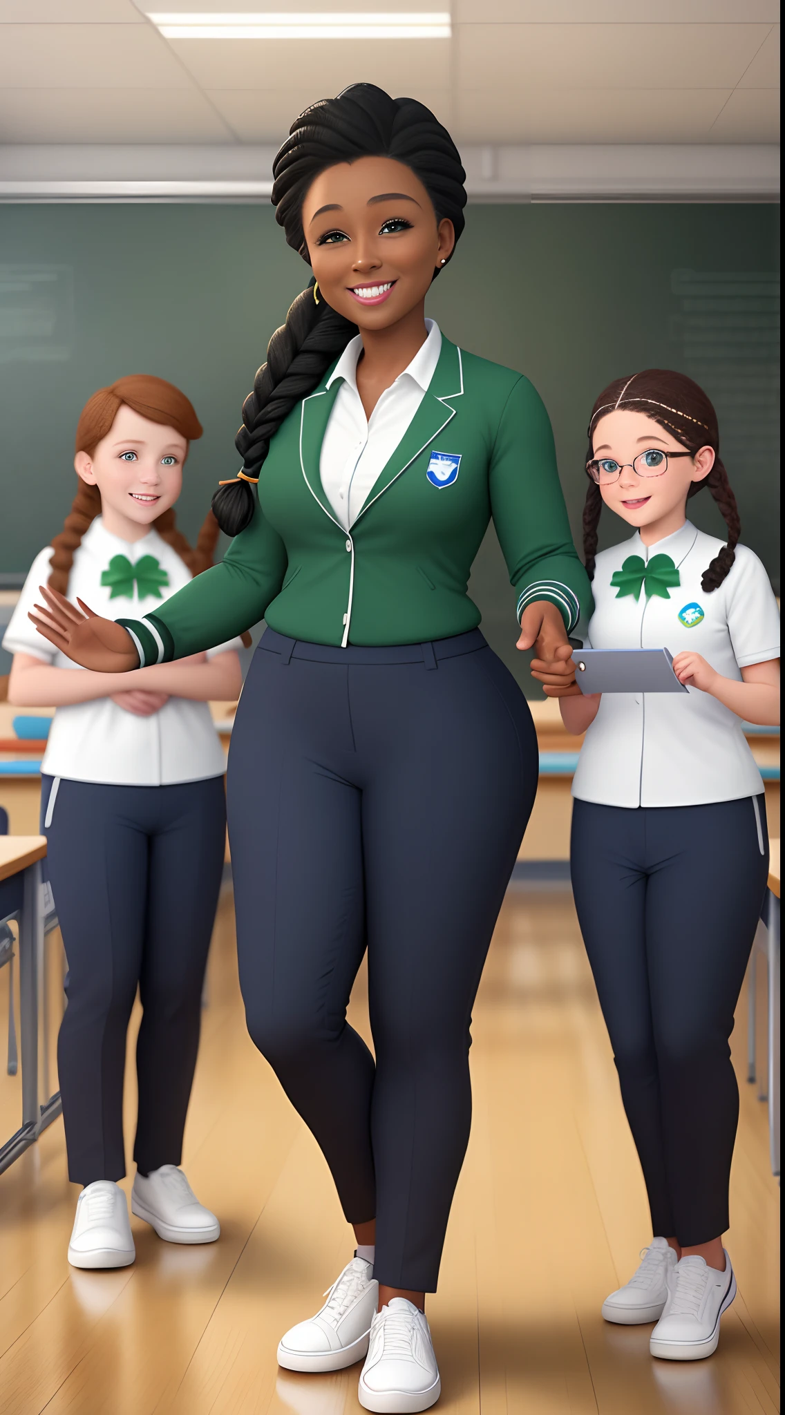 criar poster 3D inspirado na Disney/pixar de uma professora jovem de pele negra, chamada BECA, hair with braids, muito sorridente e brincalhona, Sharing the classroom with four white children aged 3 each. A professora usa uniforme verde, white sneakers. The name of the school is ECO APRENDER. The teacher's uniform is green pants and a green jacket with white accents bearing her name on it. In the classroom there is an aquarium with a small dark blue fish named BOB.