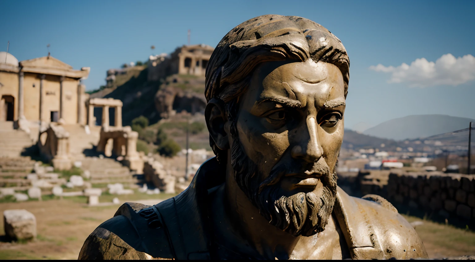 Ancient Stoic Statue With Very Angry Expression, tem barba, muitos detalhes em ambos os olhos, Outside, fundo atenas grego, open sky, com rosto extremamente detalhado full body view, Colors with low saturation with dark tone, Filmado em Sony A7S III com Sony FE 35mm f/1.8, 12.1 MP, --AR 3:2 --estilo cru