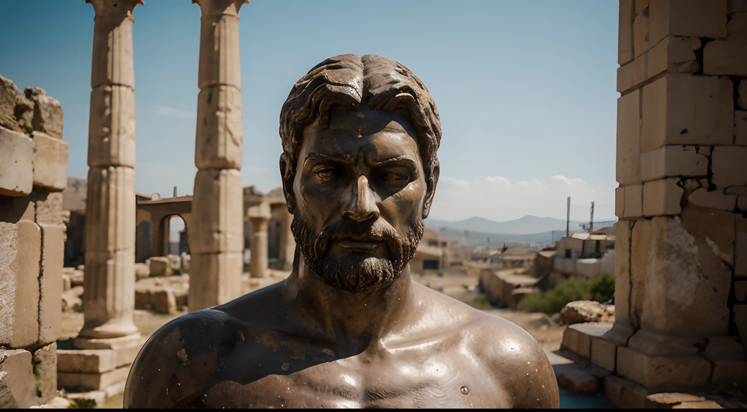 Ancient Stoic Statue With Very Angry Expression, tem barba, muitos detalhes em ambos os olhos, Outside, fundo atenas grego, open sky, com rosto extremamente detalhado full body view, Colors with low saturation with dark tone, Filmado em Sony A7S III com Sony FE 35mm f/1.8, 12.1 MP, --AR 3:2 --estilo cru